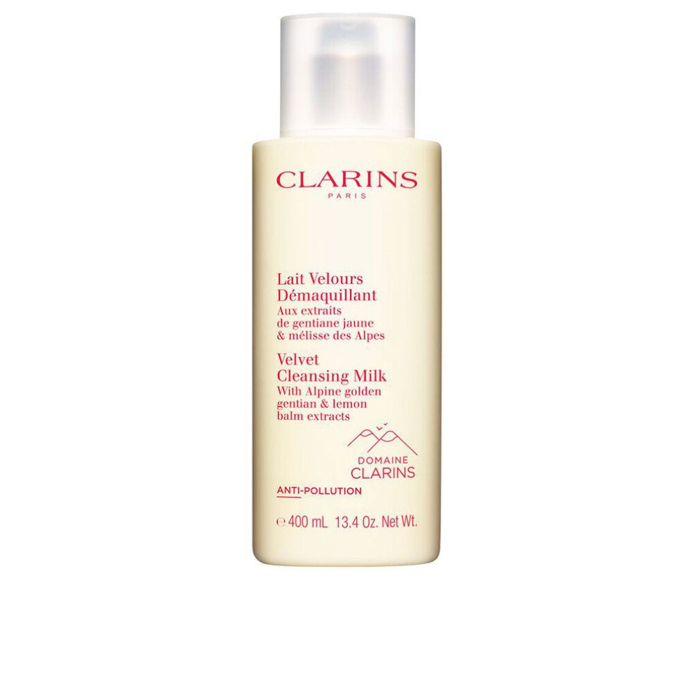 Flacone beige con tappo bianco. Scritta: Clarins Paris, Lait Velours Demaquillant, Velvet Cleansing Milk. Anti-pollution.