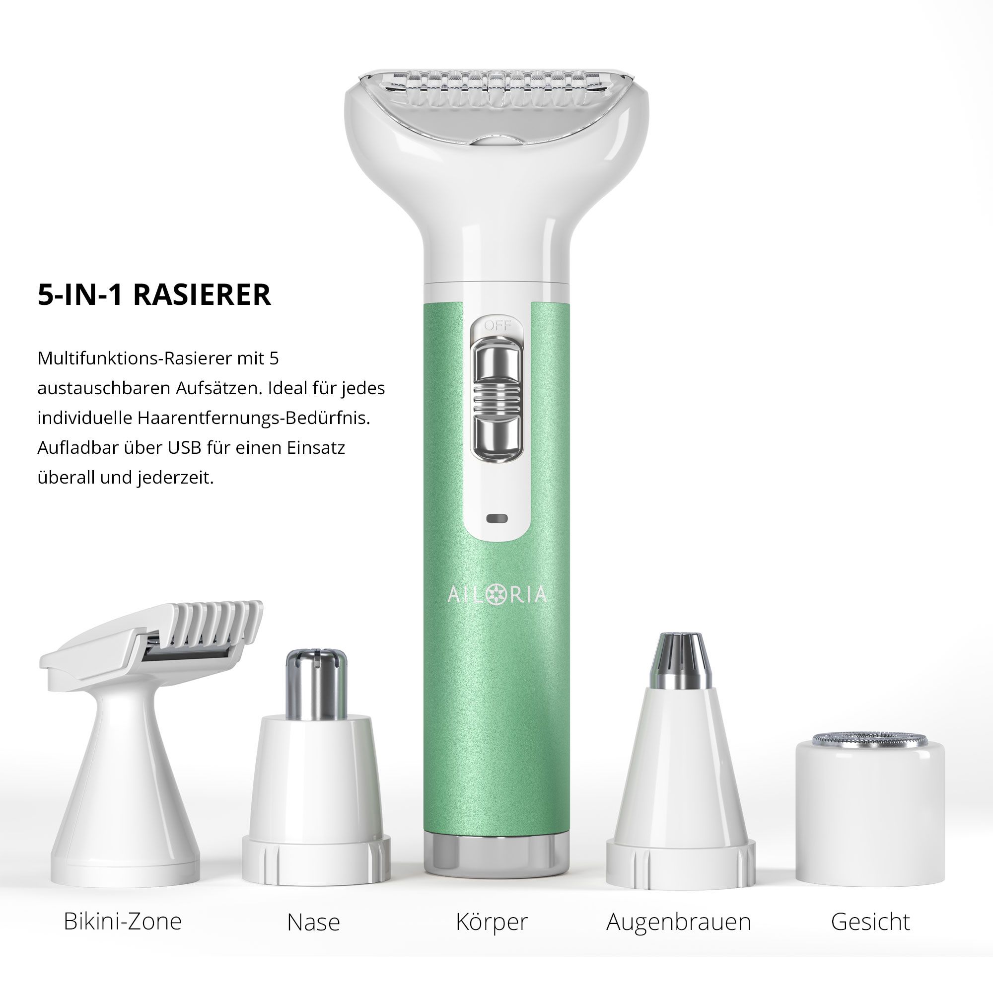 Set rasoio con 5 testine. Testo con informazioni sul prodotto. Testine per zona bikini, naso, corpo, sopracciglia, viso.