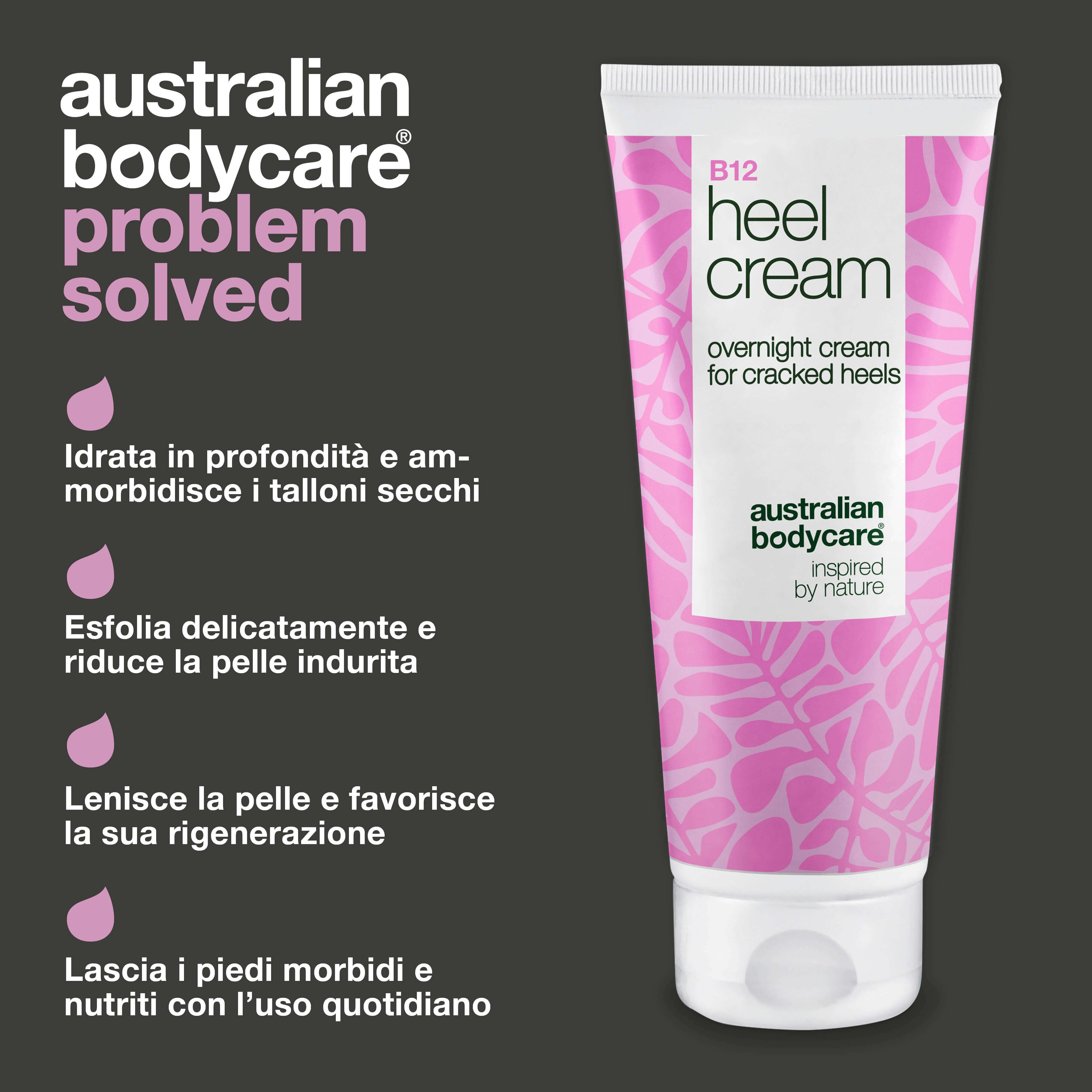 Tubo B12 Heel Cream. Motivo floreale rosa. Testo: overnight cream for cracked heels. Testo: Australian Bodycare. Gocce rosa.