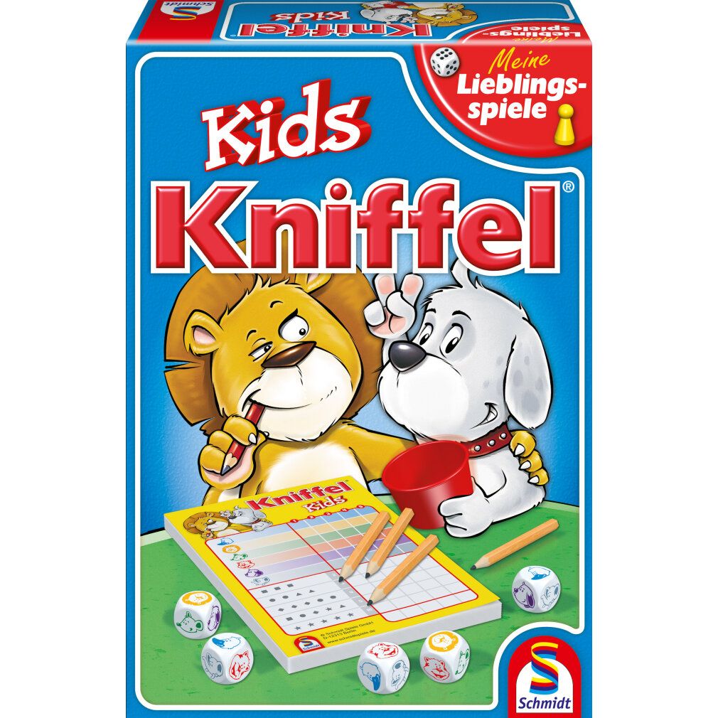 Scatola del gioco Kniffel Kids. Contiene dadi, matite e blocco note. Raffigurati un leone e un cane.