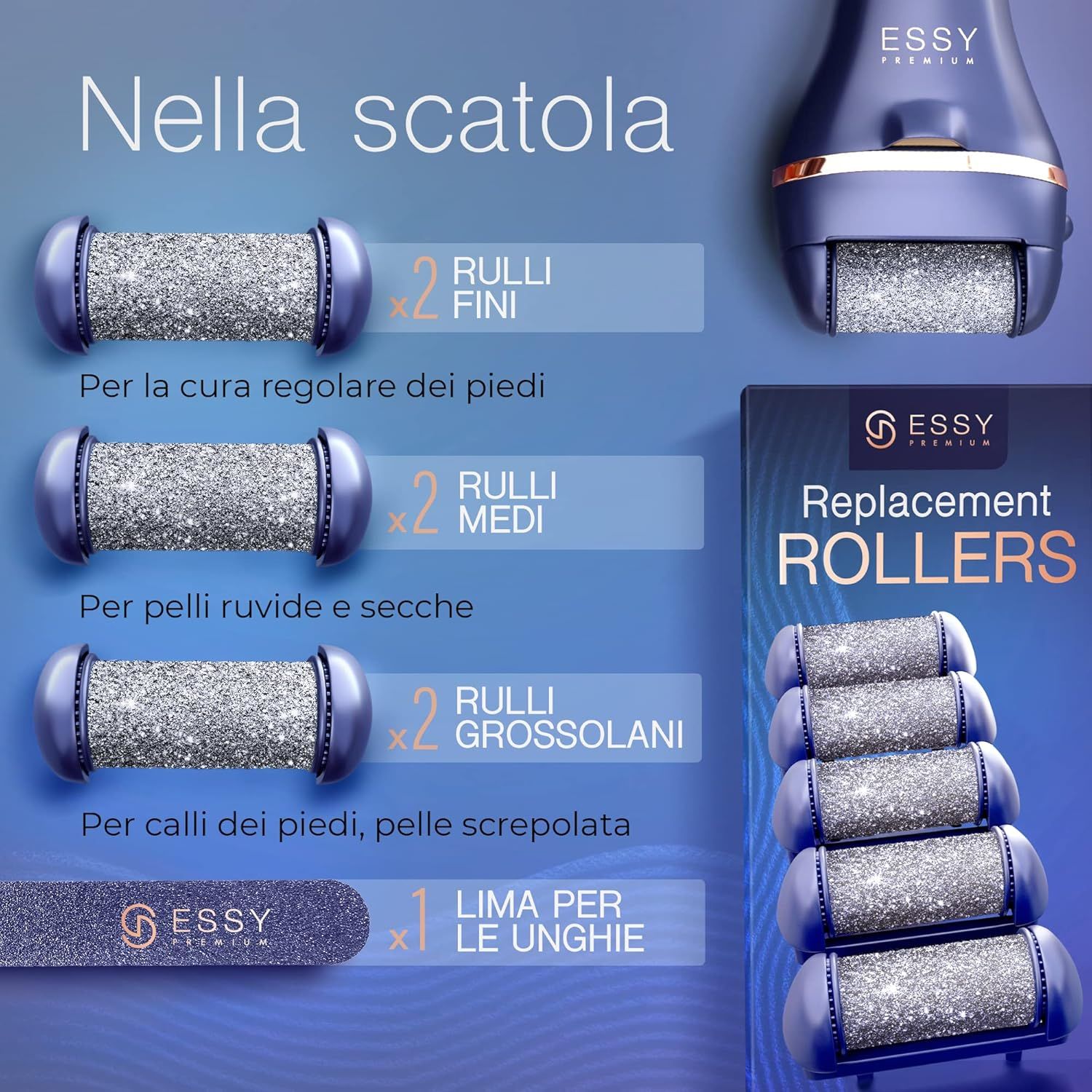 Rimuovi calli elettrico Essy con 5 rulli di ricambio – Blu