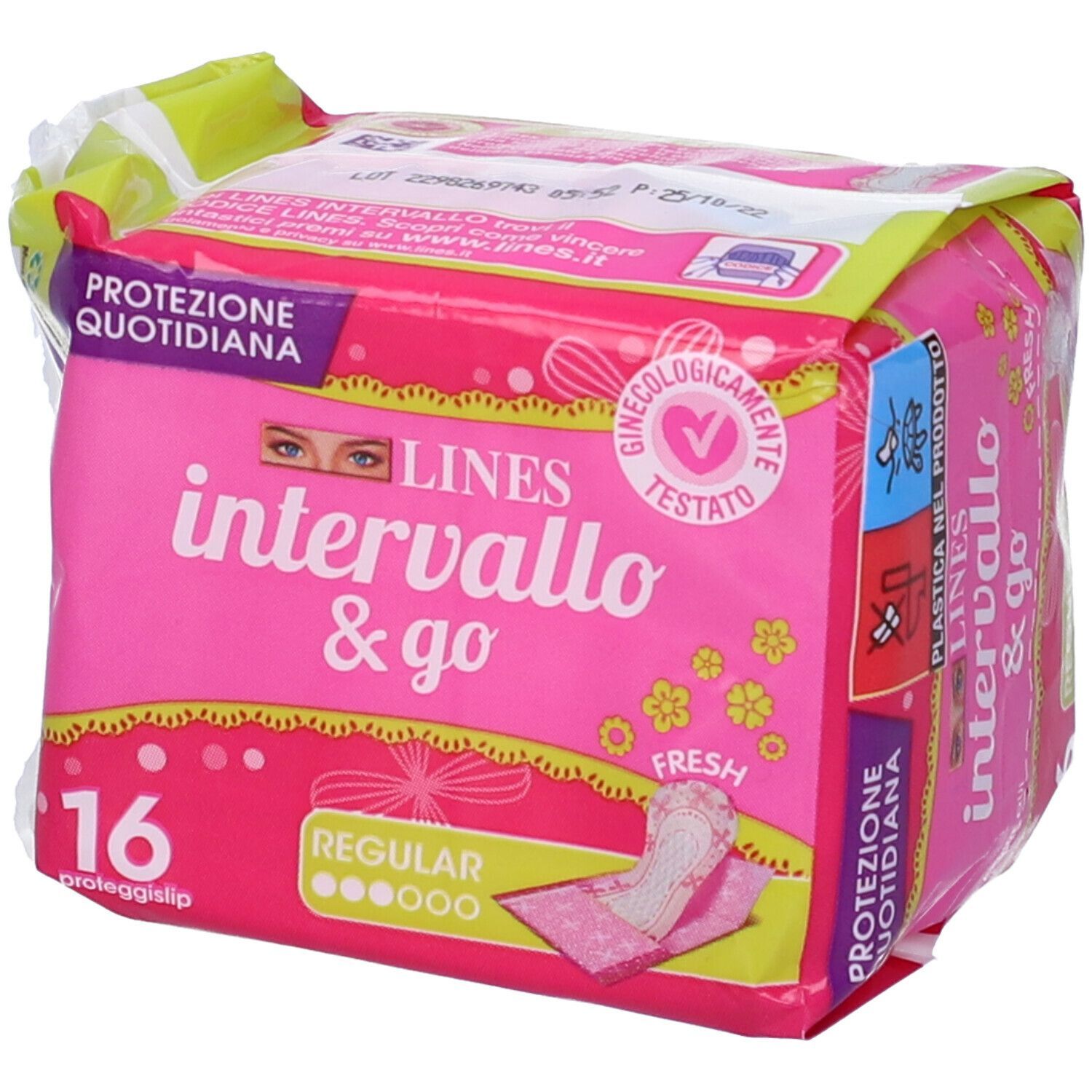Confezione da 16 proteggislip Lines Intervallo & Go Fresh, Regular, con protezione quotidiana.