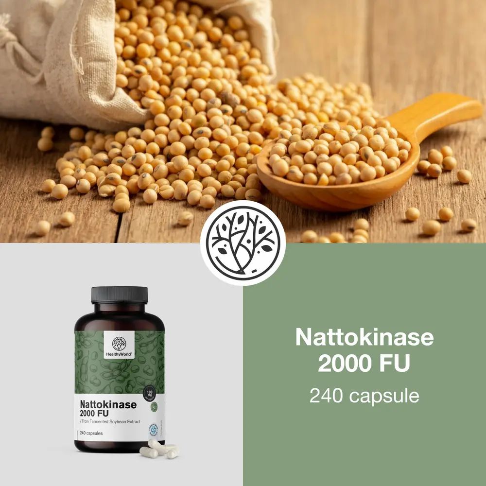Semi di soia e cucchiaio di legno. Flacone con capsule. Scritta: Nattokinase 2000 FU. 240 capsule. Marchio: HealthyWorld.
