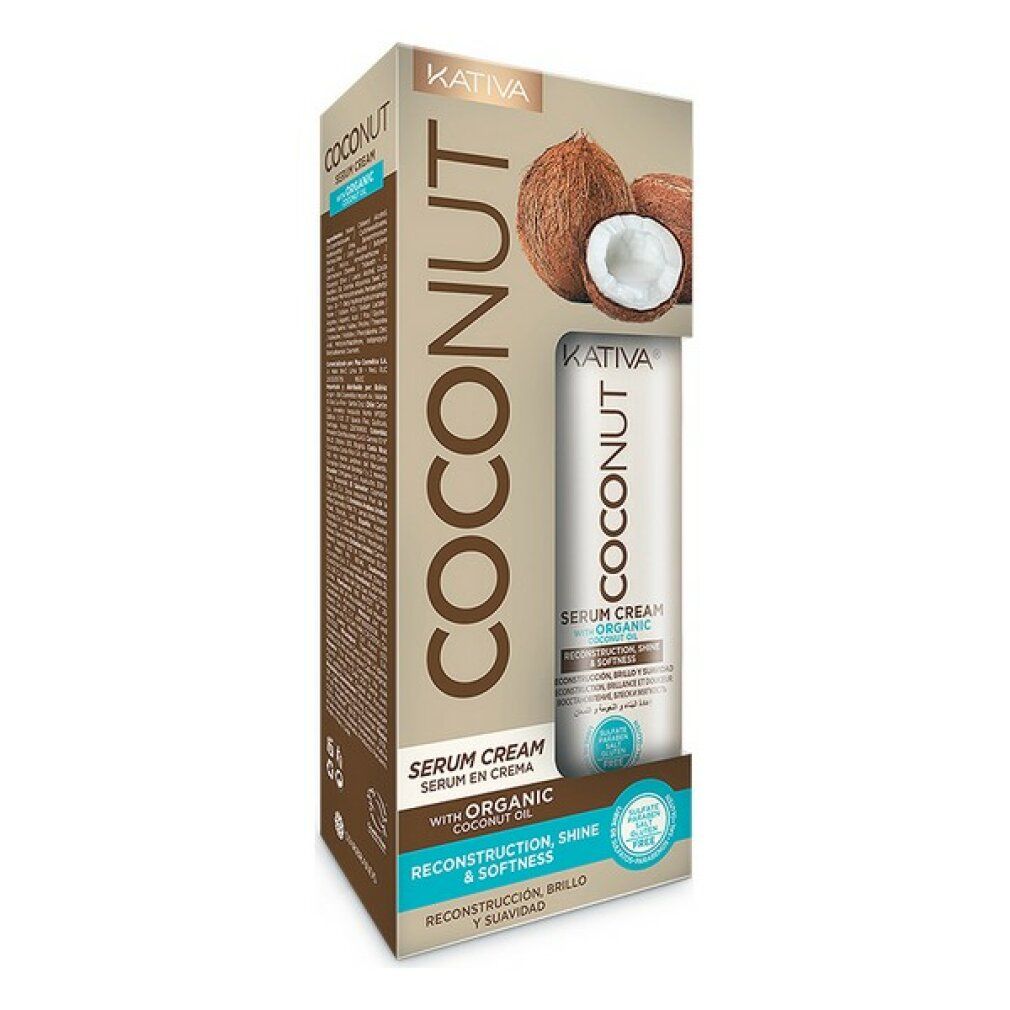 Kativa Coconut Serum Cream in confezione. Immagine di noci di cocco. Scritta: Coconut, Serum Cream, Organic Oil.
