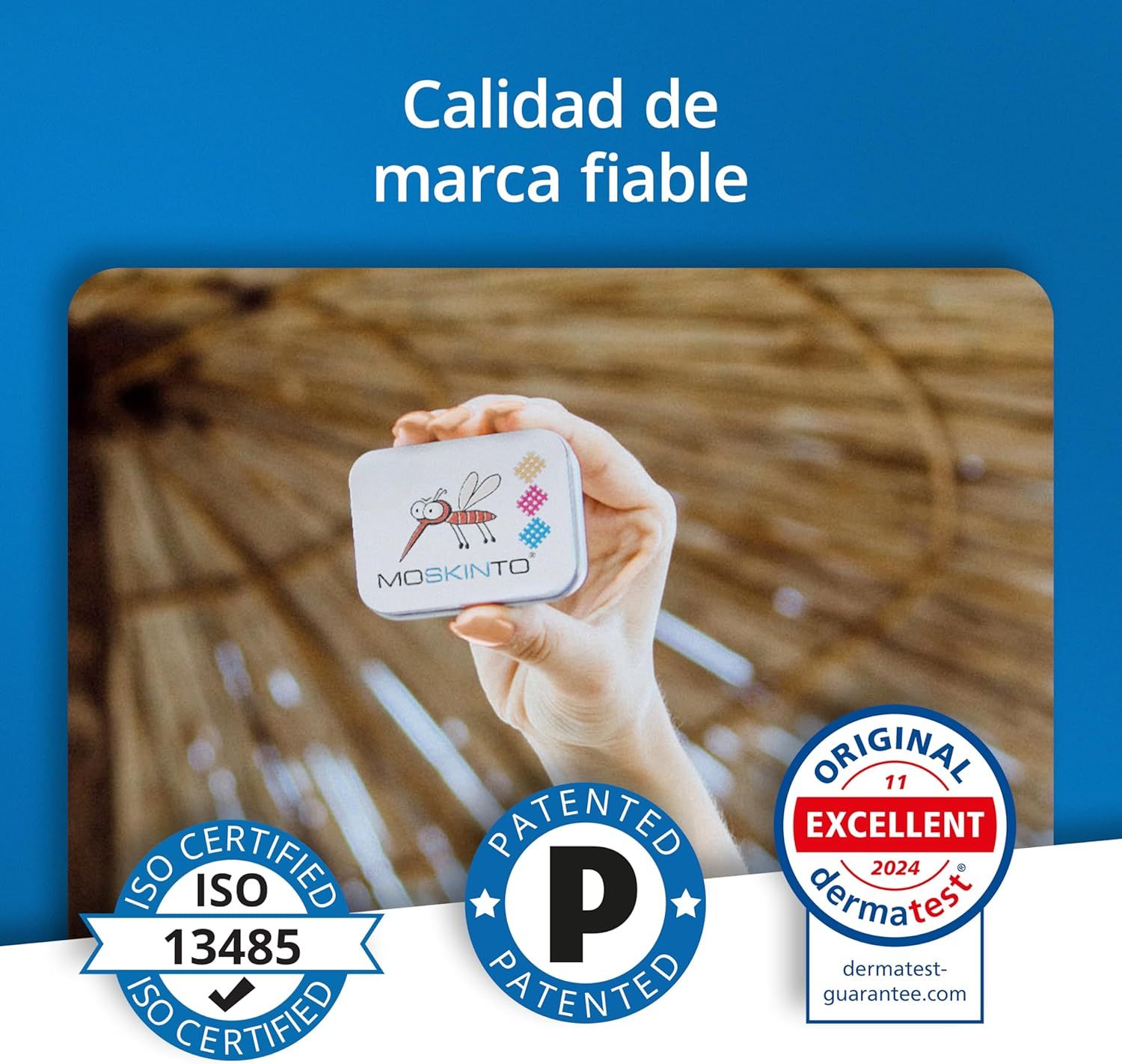 Scatola MOSKINTO in mano. Certificazione ISO, sigillo di brevetto, sigillo Dermatest. Scritta: Qualità del marchio affidabile.