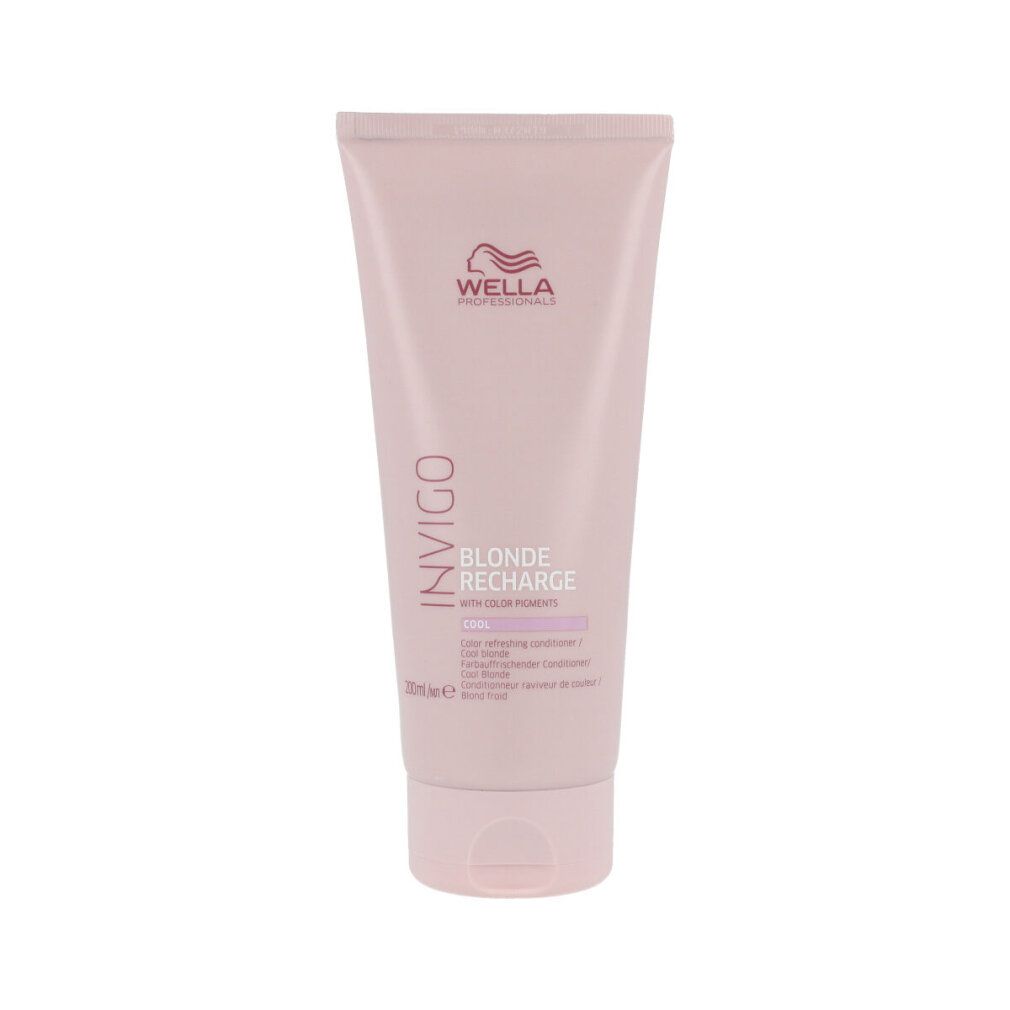 Tubo rosa con informazioni sul prodotto. Scritta: Invigo, Blonde Recharge, Cool. Marchio: Wella. 200ml.