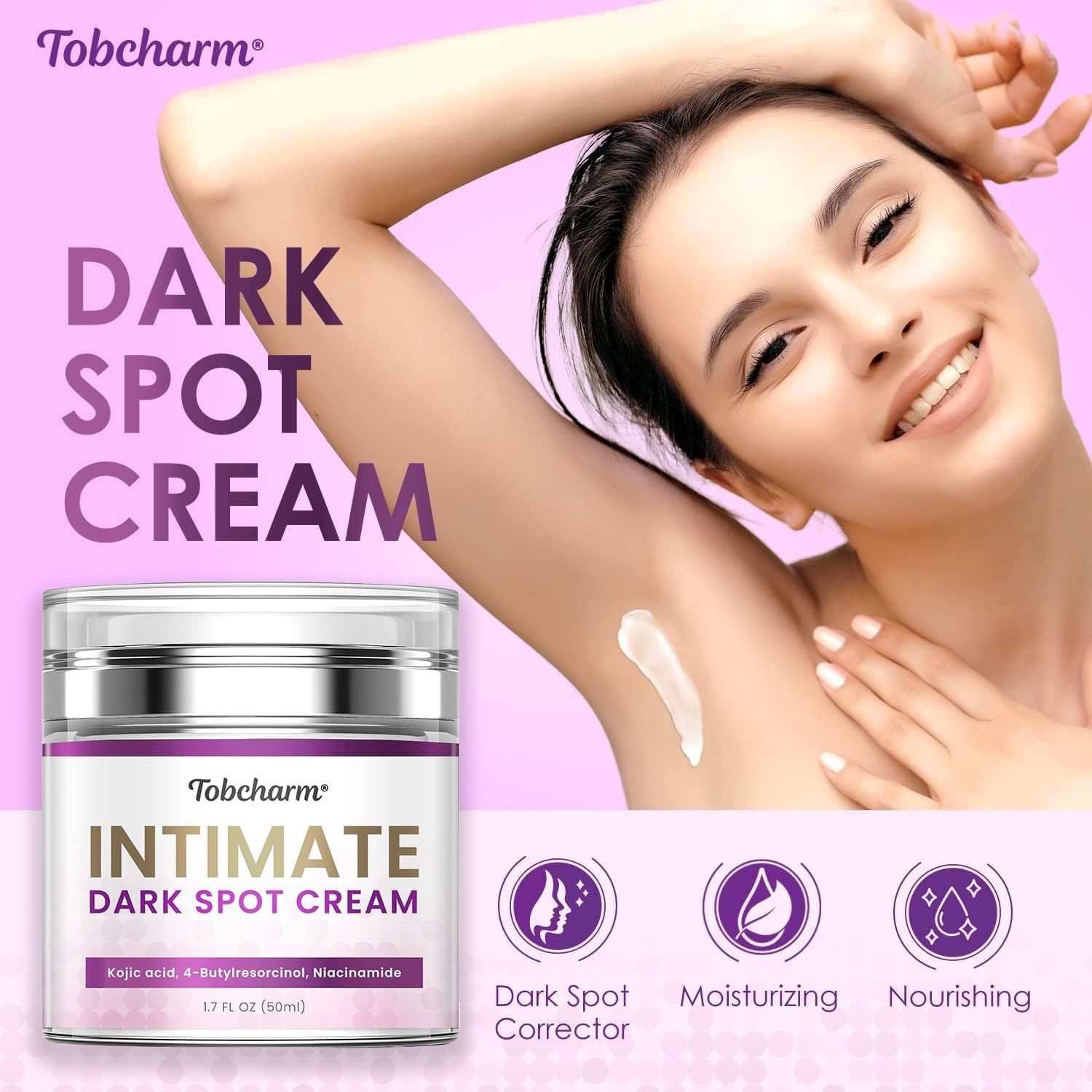 Vaso di crema e donna. Scritta: Dark Spot Cream. Icone: Dark Spot Corrector, Moisturizing, Nourishing. Crema sull'ascella.