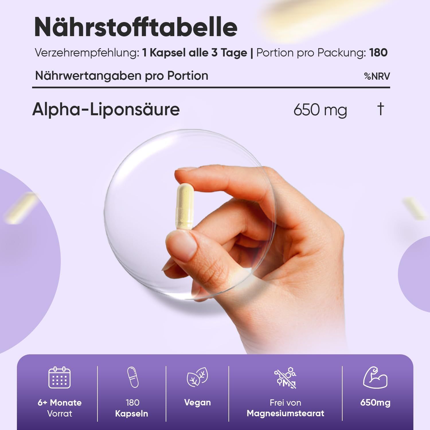 Tabella nutrizionale con informazioni sull'acido alfa-lipoico. 650 mg per porzione. 180 capsule, vegano, senza stearato di magnesio, scorta per 6+ mesi.