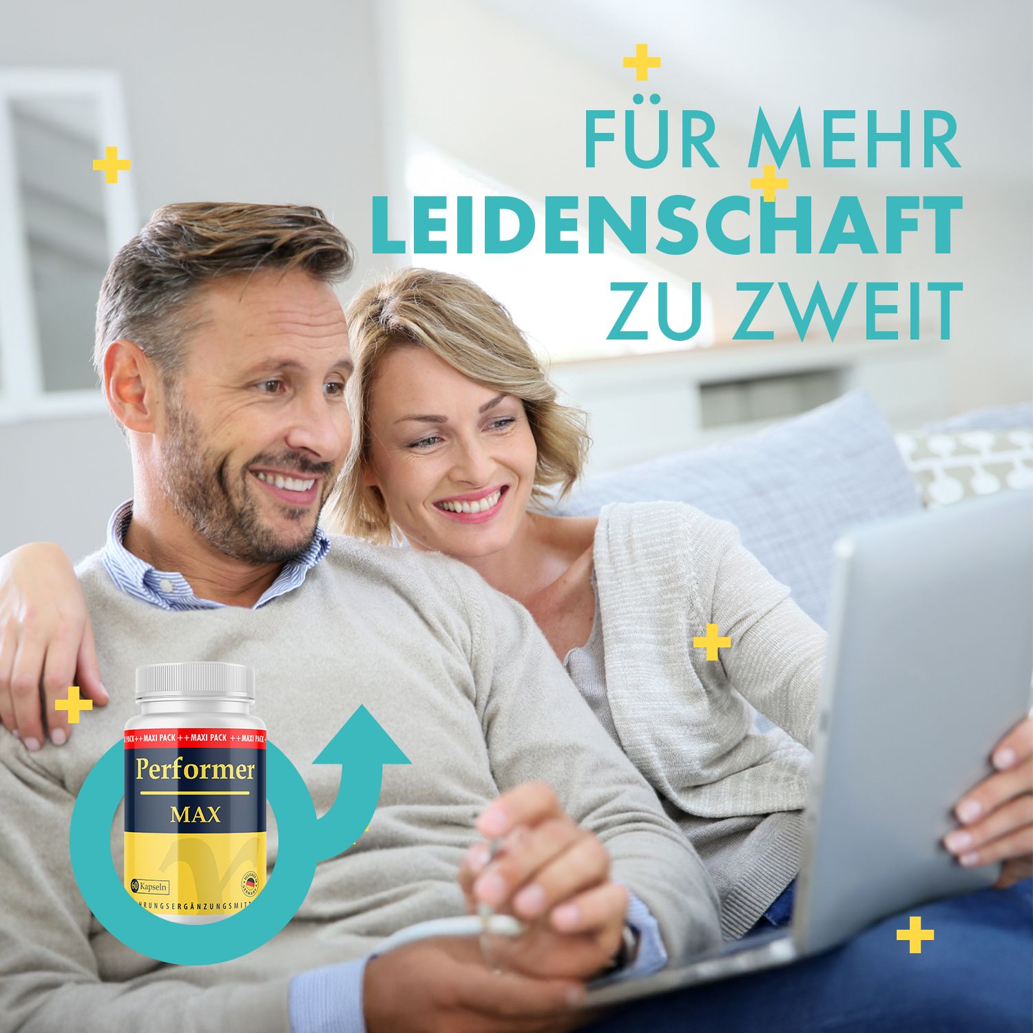 Coppia davanti al laptop. Flacone Performer MAX. Scritta: Per più passione in coppia.