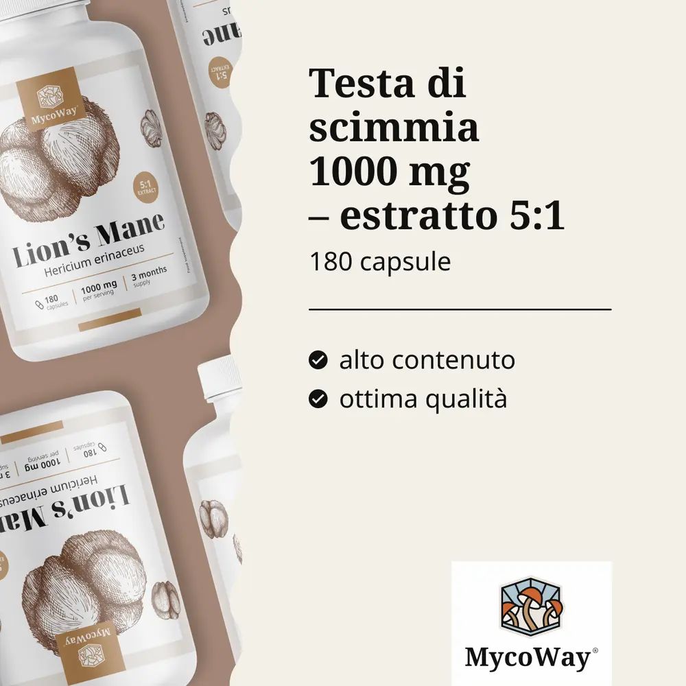 Flaconi Lion's Mane. Testo: Testa di scimmia 1000 mg - estratto 5:1. Marchio: MycoWay.