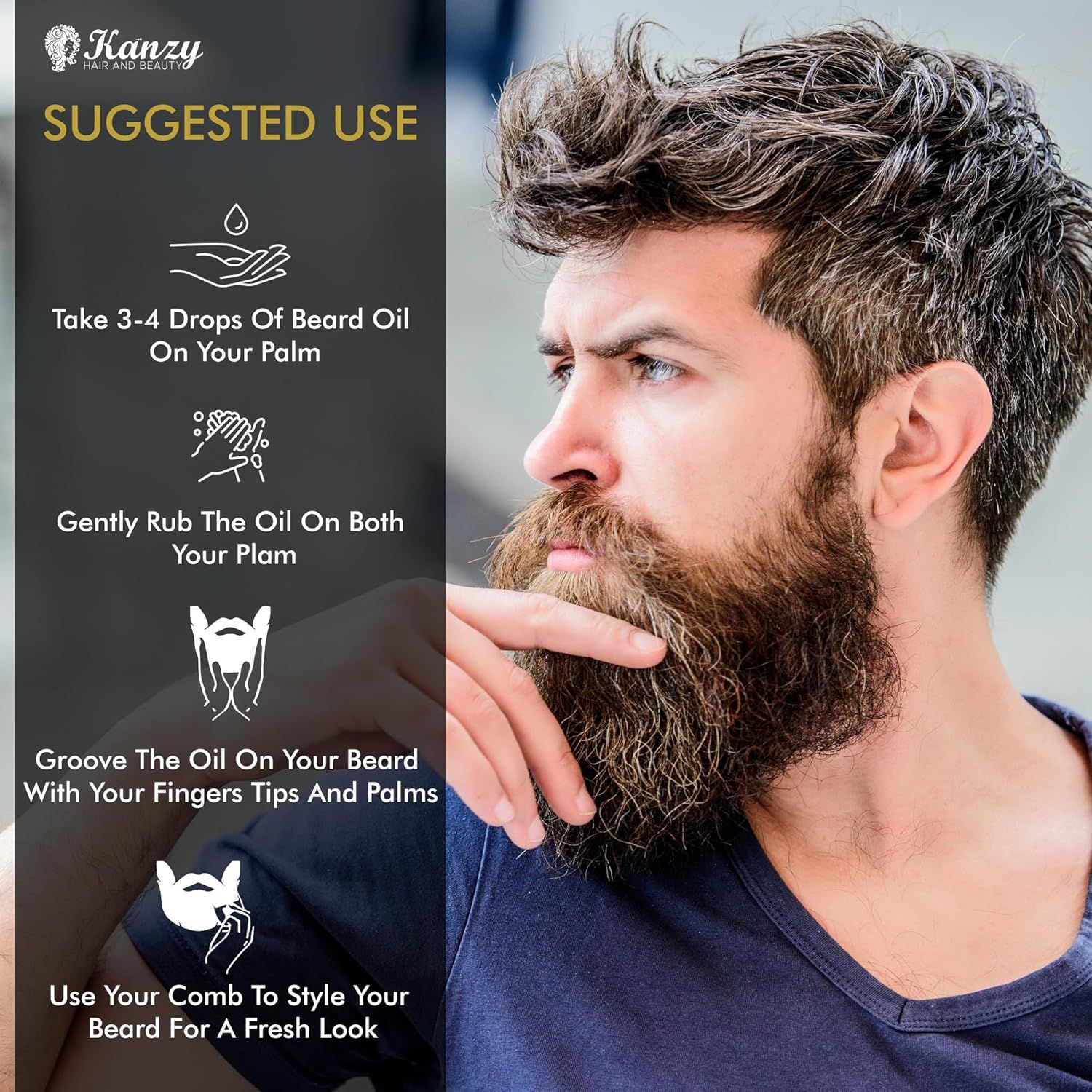 Flacone di vetro marrone con pipetta. Testo: Kanzy Beard Oil. Uso suggerito. Uomo con barba.