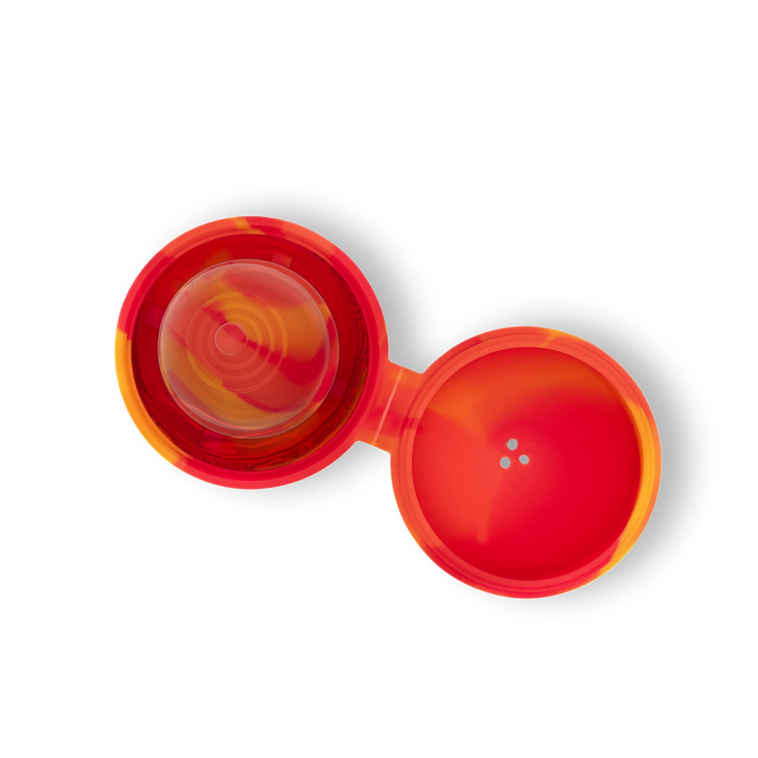 Contenitore sterilizzatore rosso e arancione per coppette e dischi mestruali, visto dall'alto.