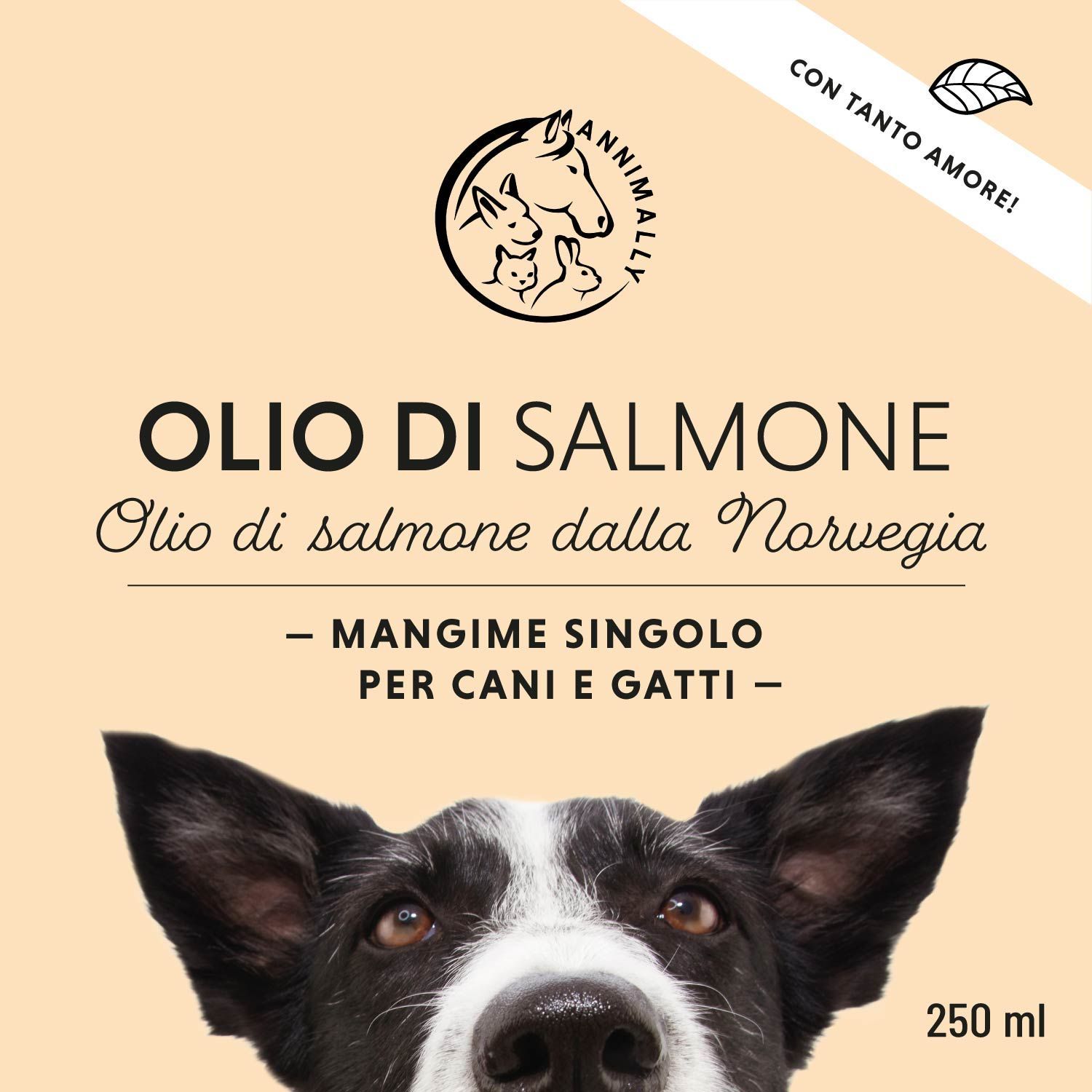 Etichetta del prodotto con logo e testo: Olio di Salmone. 250 ml.