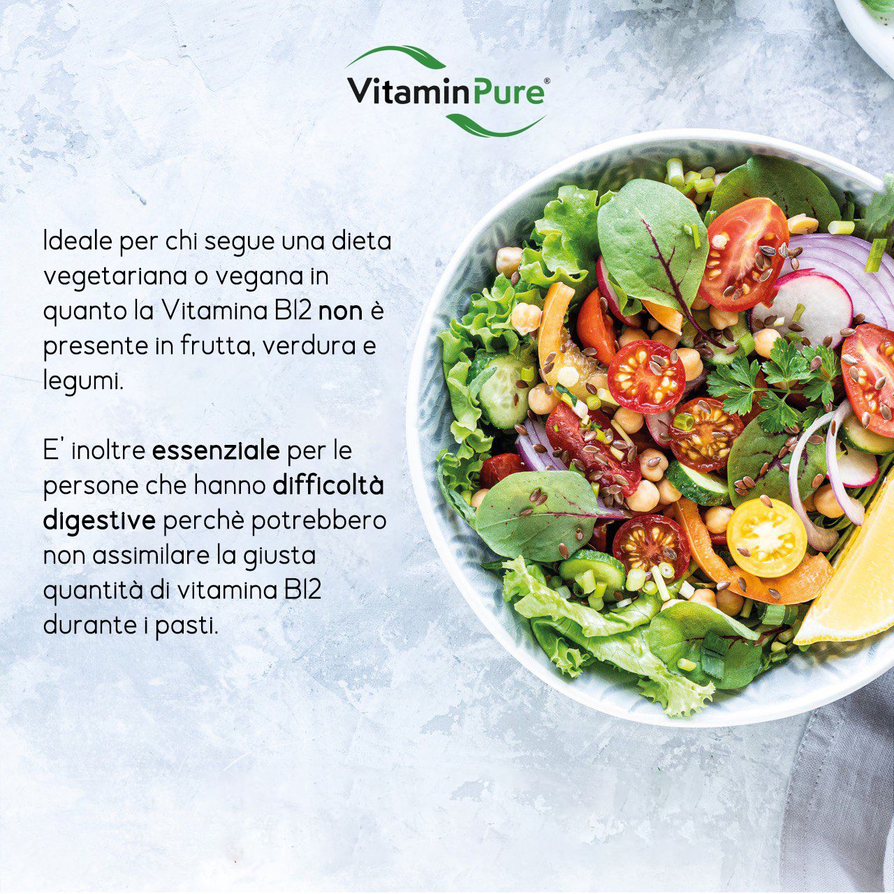 Insalatiera con verdure. Testo: 'Ideale per chi segue una dieta vegetariana o vegana'.