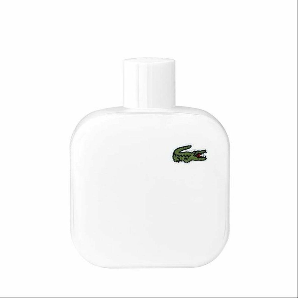 Flacone di profumo bianco con tappo bianco. Forma quadrata con logo coccodrillo verde. Eau de Toilette.