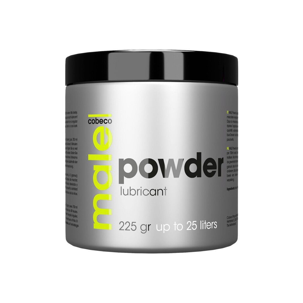 Lubrificante Cobeco Male Powder in barattolo argentato con coperchio nero. 225g.