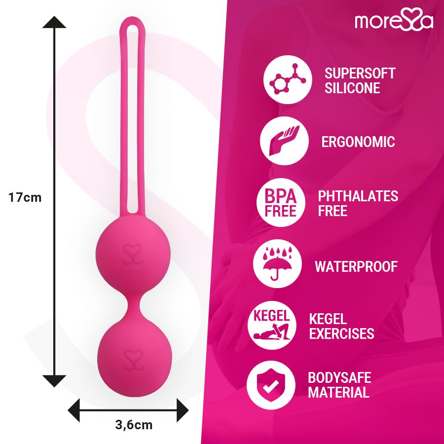 Sfera rosa con anello. Dimensioni: 17cm di lunghezza, 3,6cm di larghezza. Testo: SUPERSOFT SILICONE, ERGONOMIC, BPA FREE, PHTHALATES FREE, WATERPROOF, KEGEL EXERCISES, BODYSAFE MATERIAL.