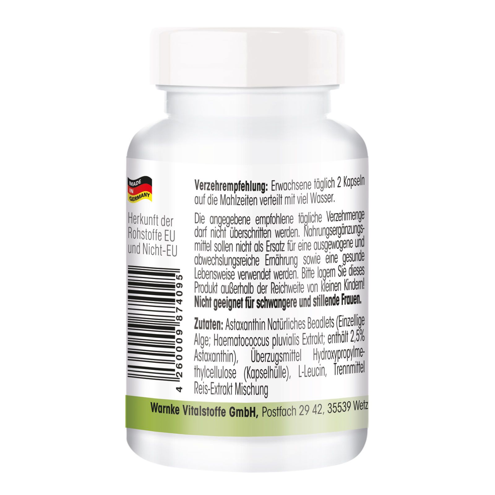 Retro del flacone. Testo: Raccomandazioni per l'uso, ingredienti, Warnke Vitalstoffe GmbH. Codice a barre e origine UE/Non-UE.