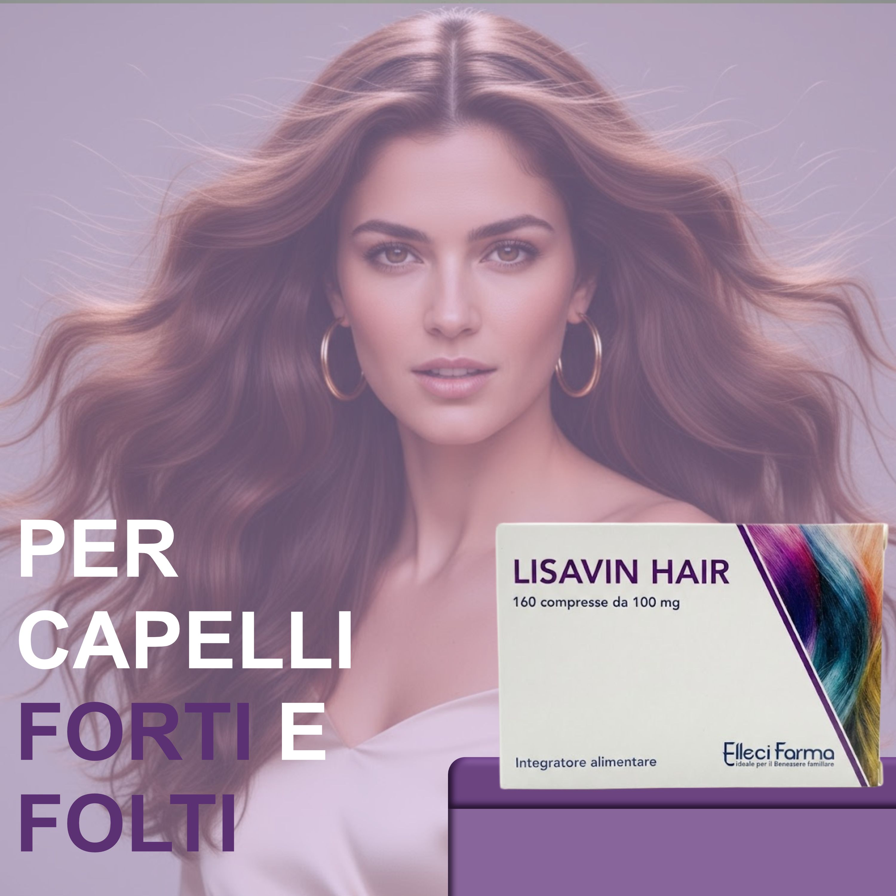 Donna con lunghi capelli mossi. A destra, confezione del prodotto Lisavin Hair.