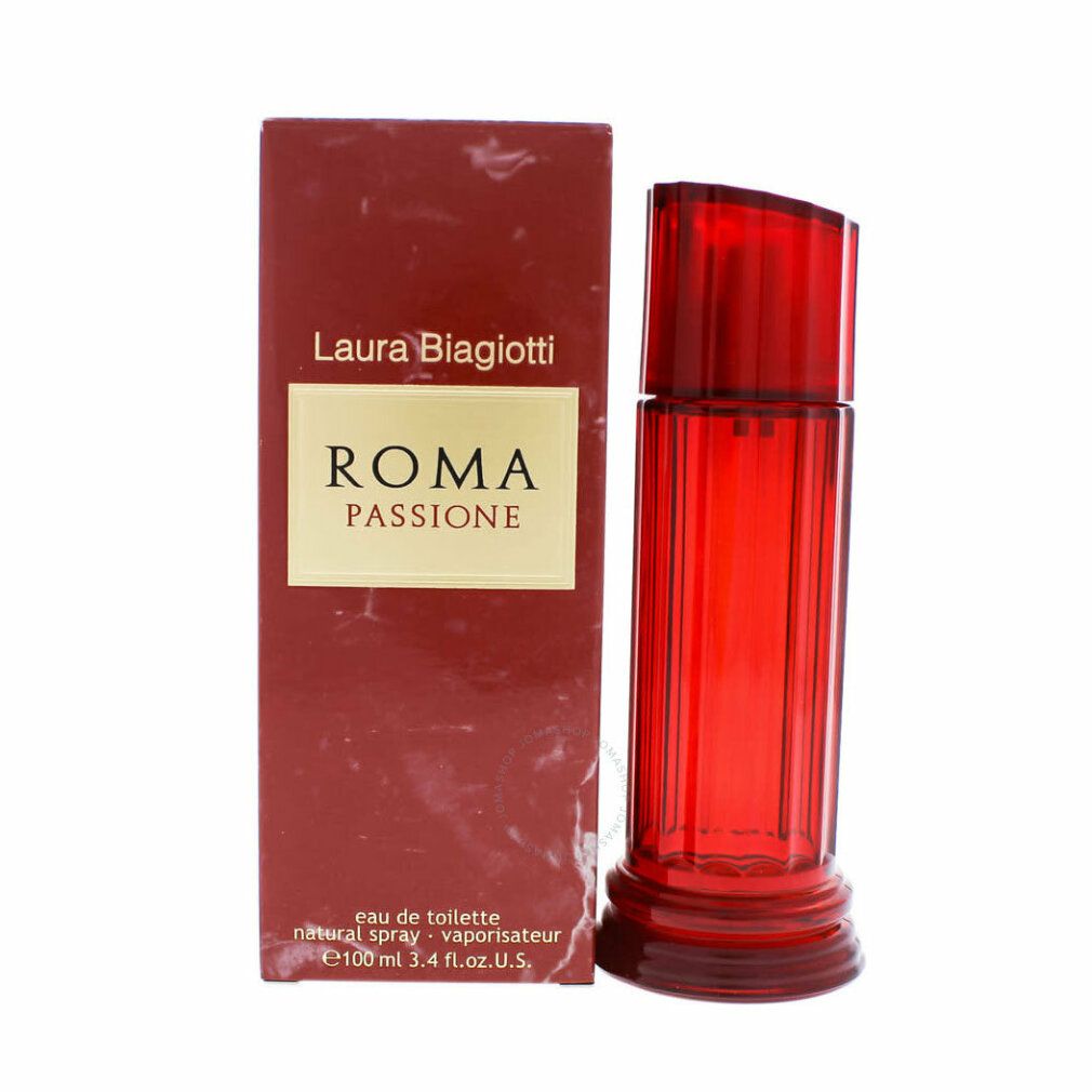 Flacone e confezione rossi Roma Passione di Laura Biagiotti. Flacone cilindrico. Confezione rossa con logo.
