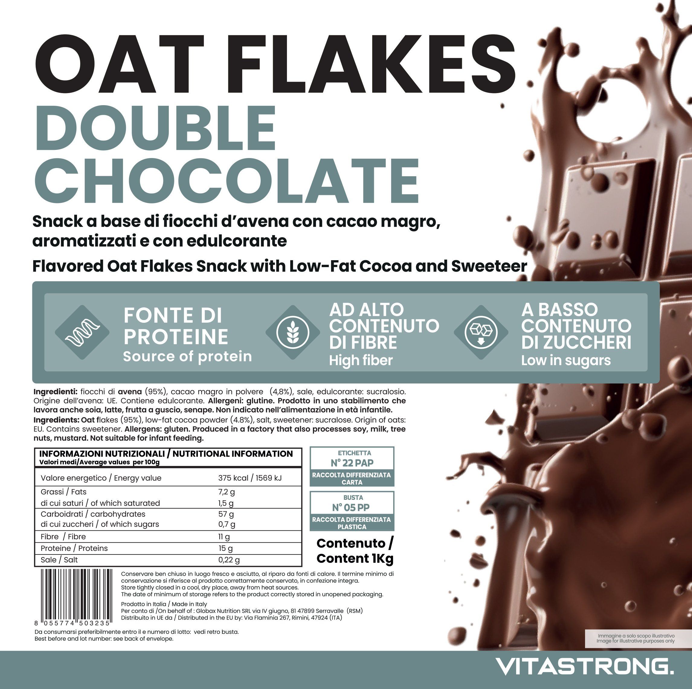 Confezione di Oat Flakes Double Choco. Testo: Fonte di proteine, alto contenuto di fibre, a basso contenuto di zuccheri. Ingredienti e informazioni nutrizionali.