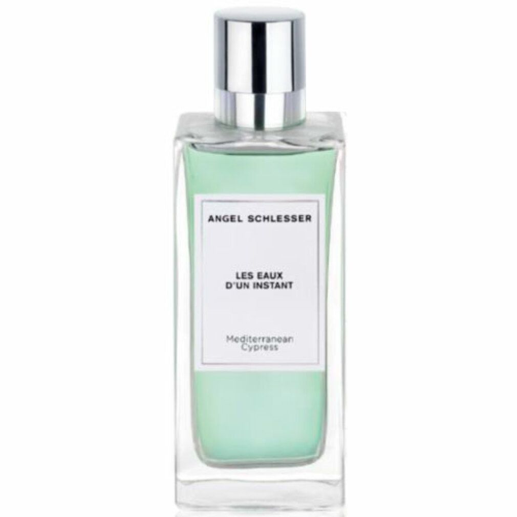 Flacone in vetro con tappo argentato. Scritta: Angel Schlesser, Les Eaux d'un Instant, Mediterranean Cypress.