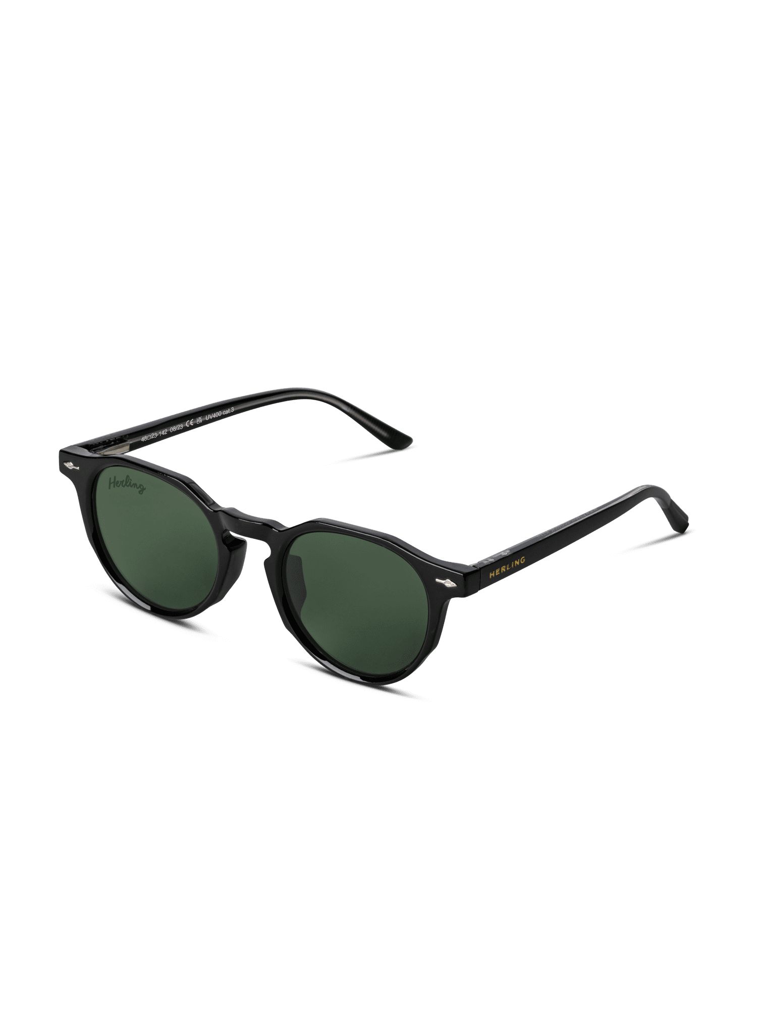 Occhiali da sole neri con lenti rotonde e tonalità verde. Il marchio Herling è visibile sulla lente sinistra.
