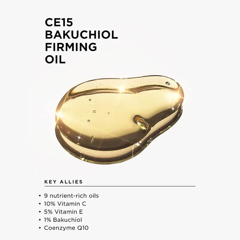 Goccia d'olio con nome del prodotto e ingredienti. Su sfondo bianco.