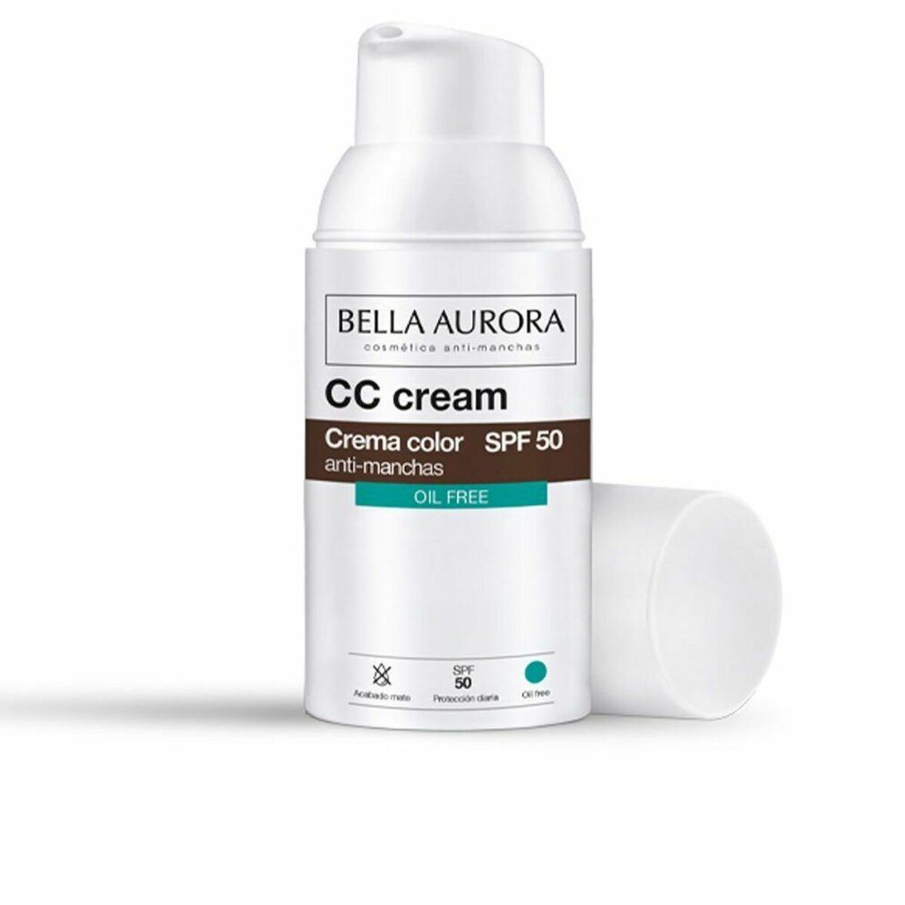 Flacone bianco CC cream SPF 50, tappo accanto. Testo: Bella Aurora, CC cream, oil free.