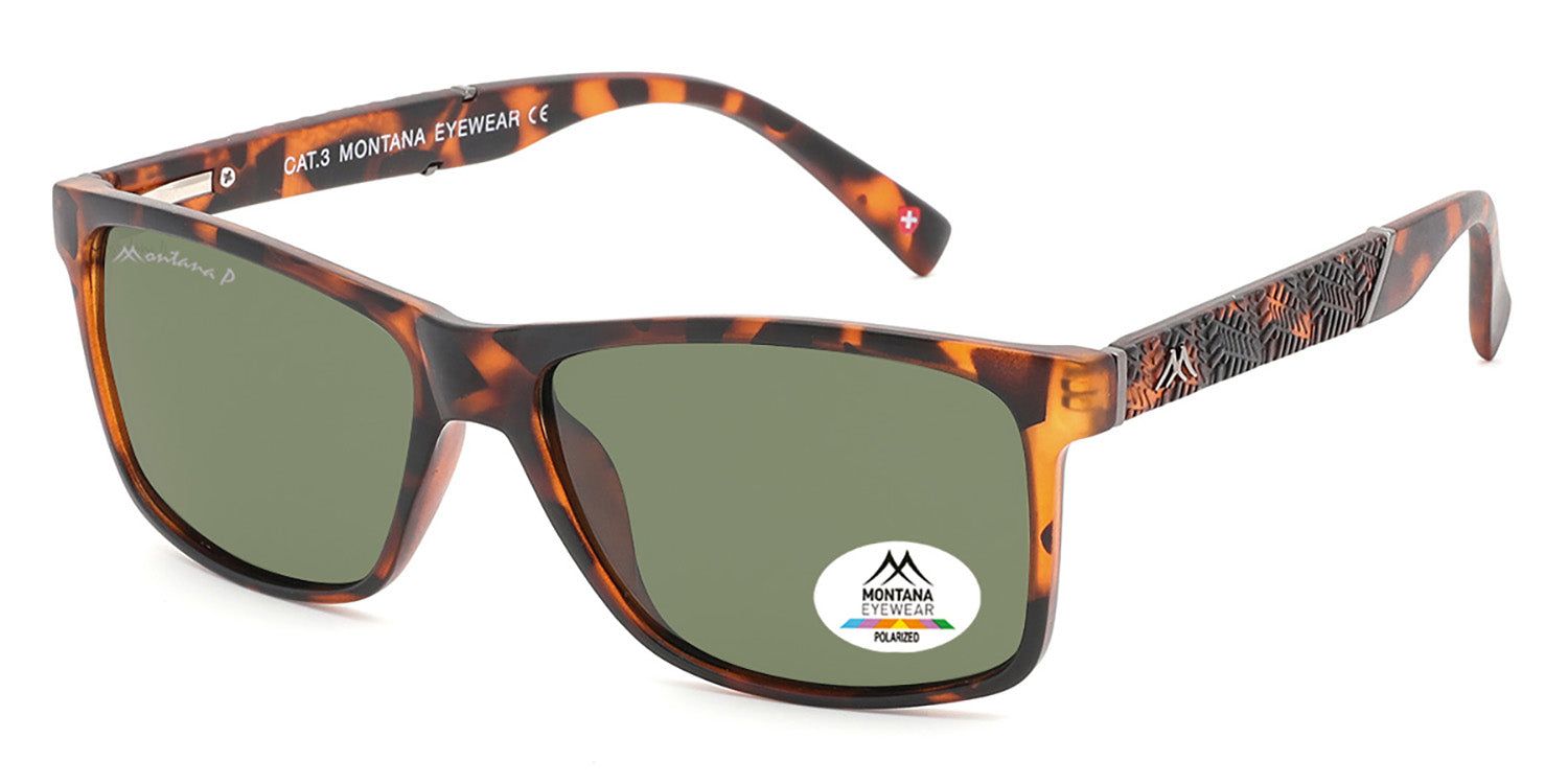 Occhiali da sole marroni con lenti verdi. Adesivo 'Polarized' e logo su una lente. Montatura rettangolare.