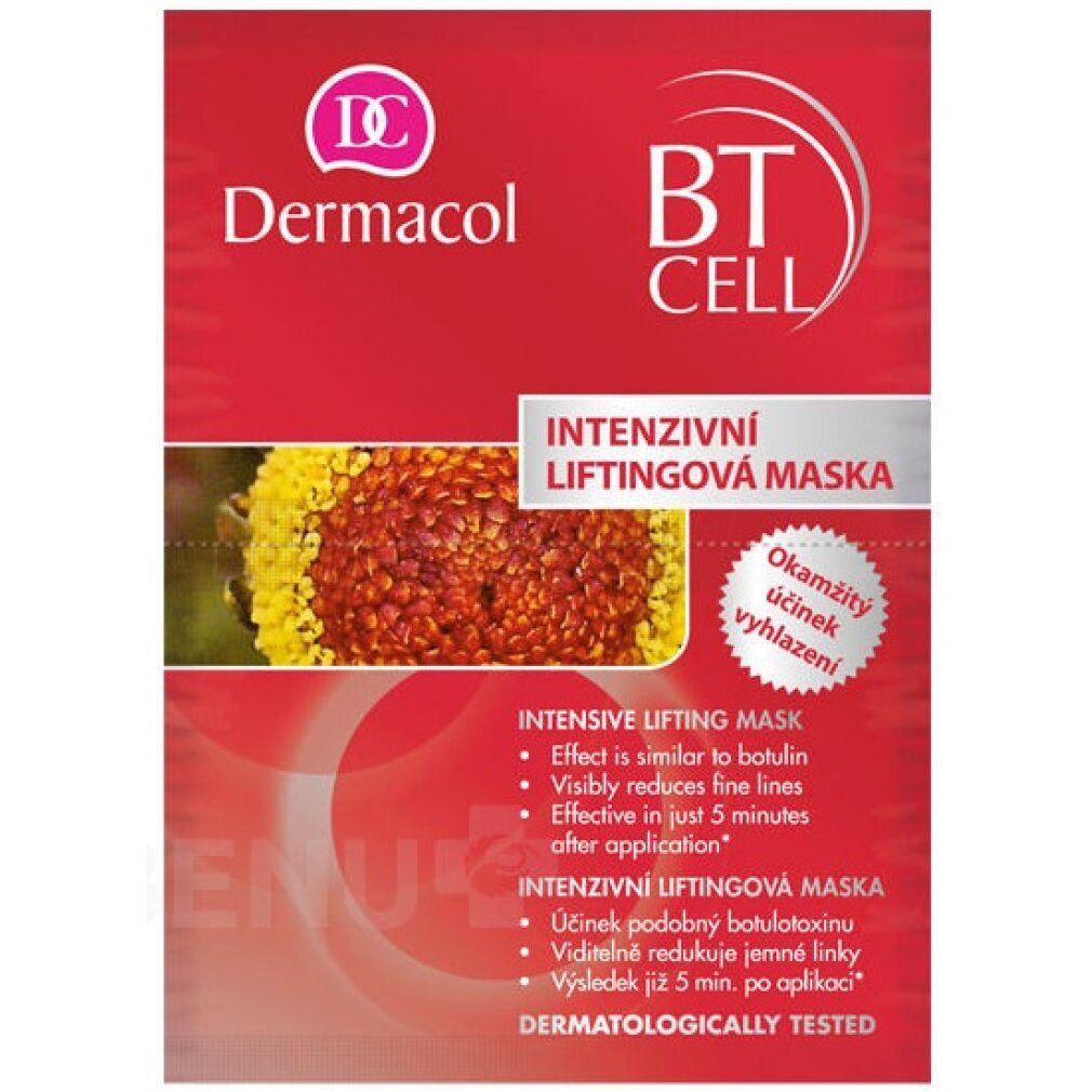Confezione rossa con informazioni sul prodotto. Logo e scritta 'Dermacol'. Scritta 'BT CELL', 'Intensivni Liftingova Maska'.