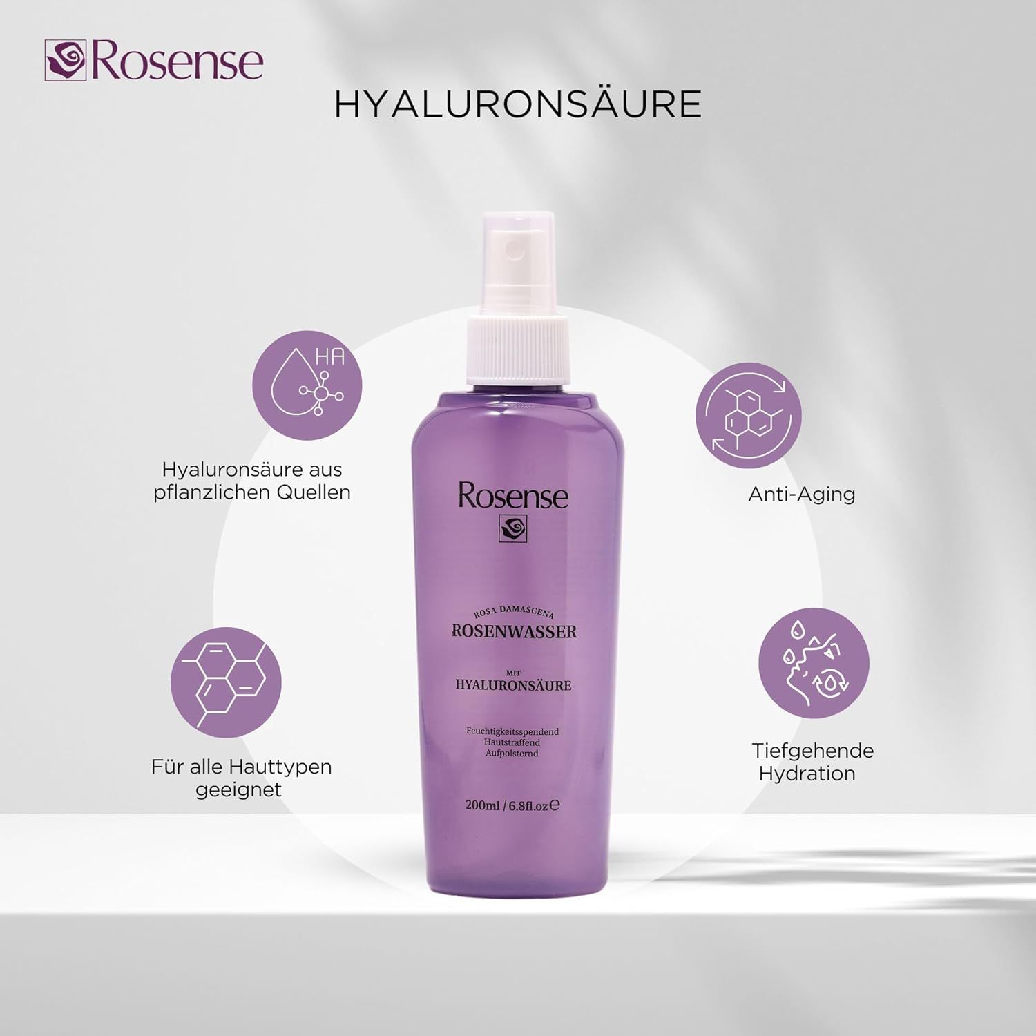 Spray Rosense viola. Testo: Acido ialuronico, anti-età, idratazione profonda. Adatto a tutti i tipi di pelle.
