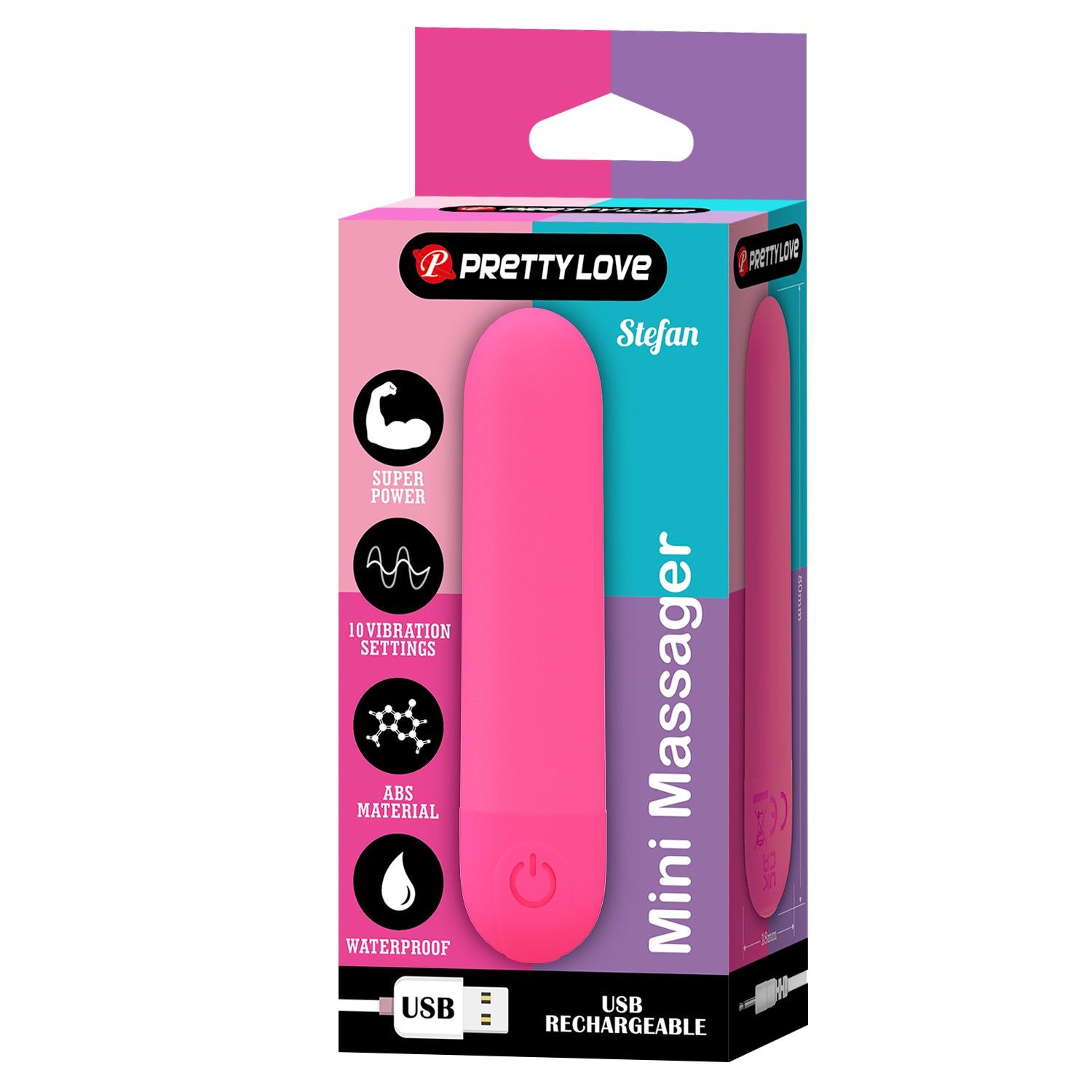 Confezione con prodotto rosa. Testo: PRETTY LOVE, Stefan, Mini Massager, USB Rechargeable.