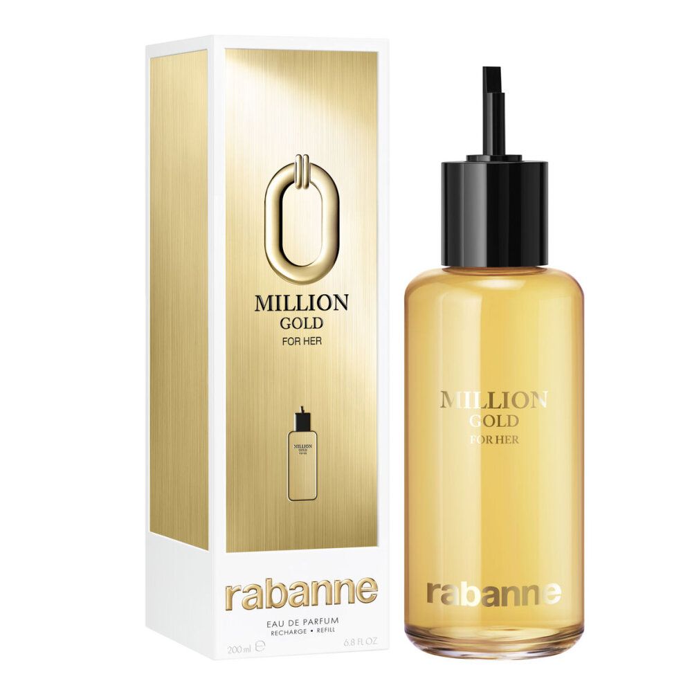 Flacone ricarica dorato e confezione. Scritta: Million Gold For Her, Rabanne. Flacone con tappo nero.