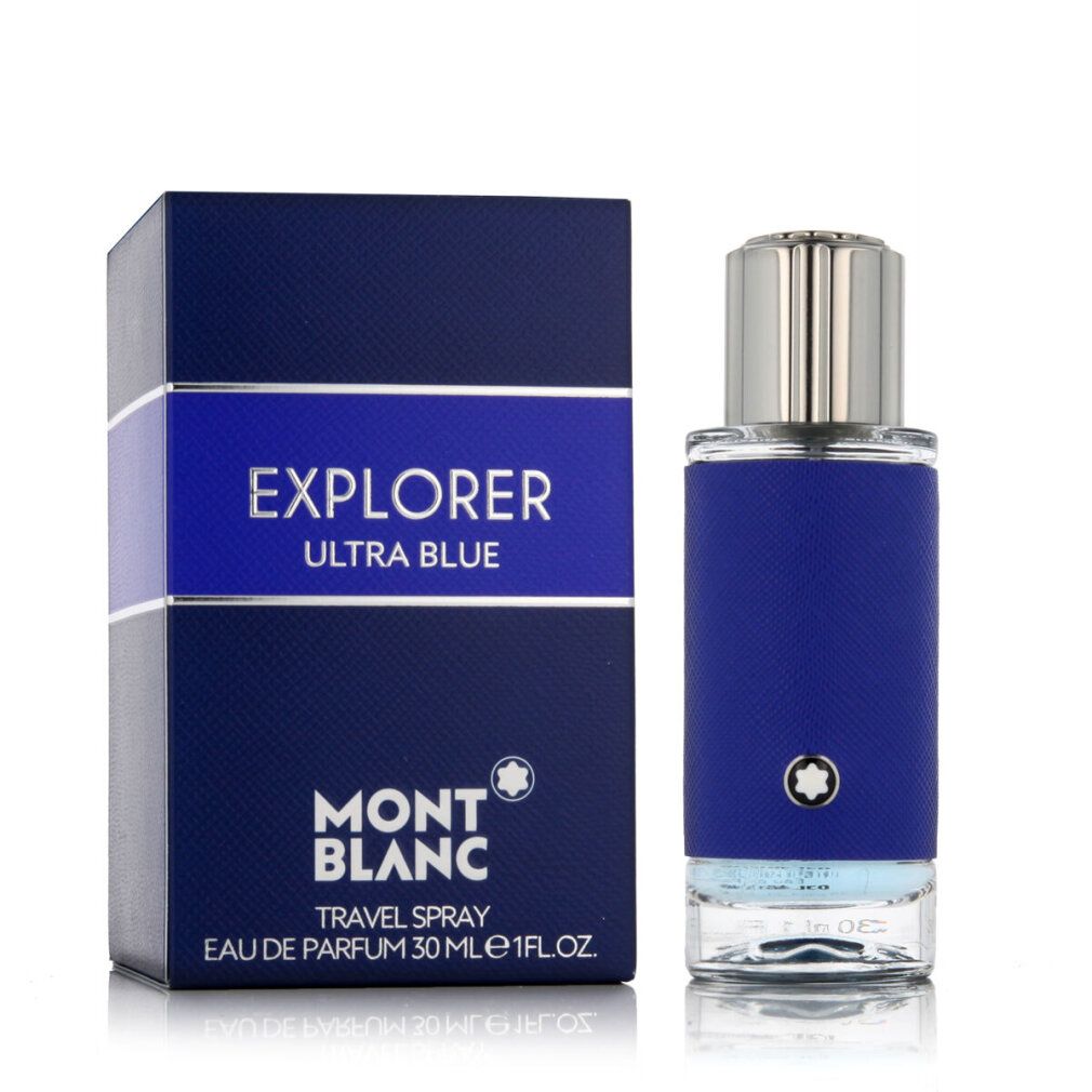 Scatola e flacone blu. Scritta EXPLORER ULTRA BLUE. Logo Montblanc. Eau de Parfum. 30ml.