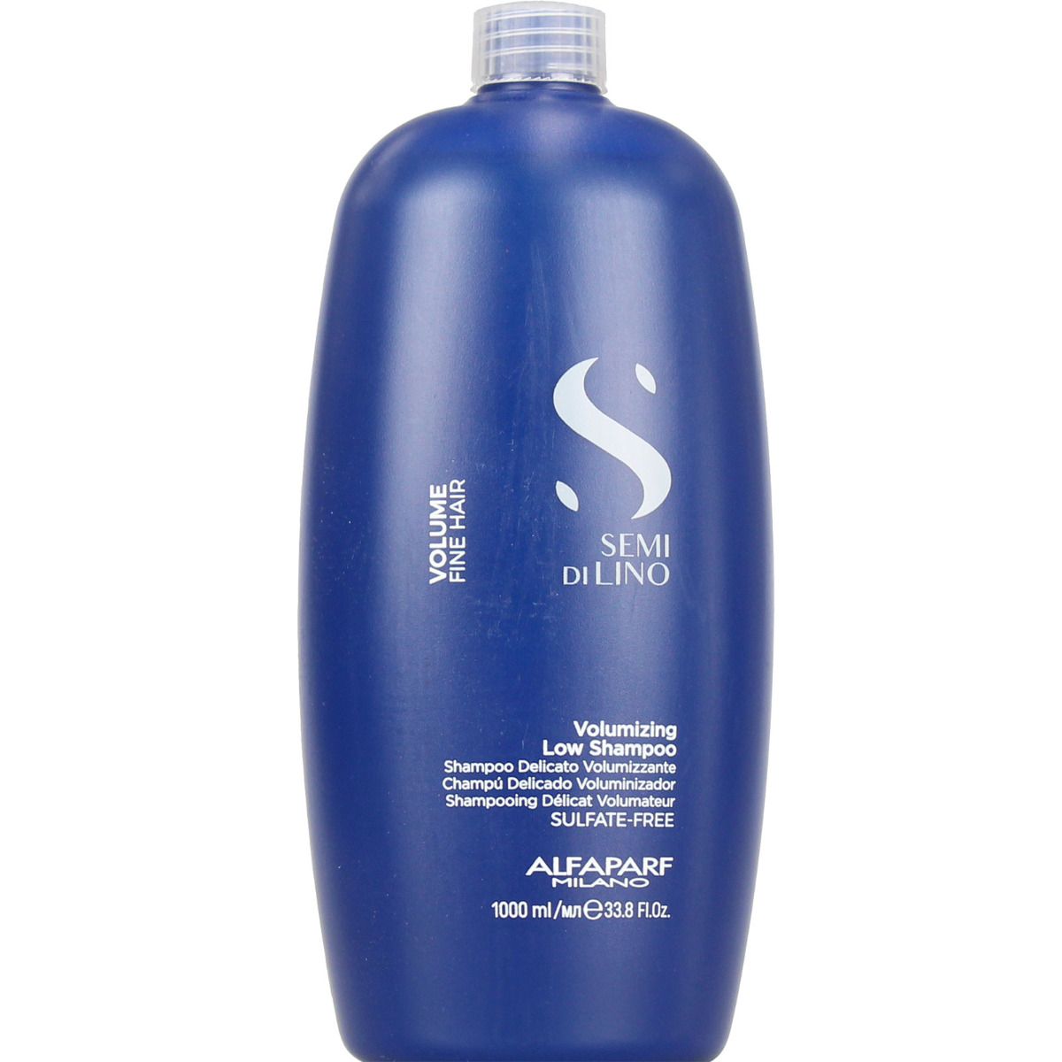 Flacone blu Alfaparf Milano Semi di Lino Volumizing Low Shampoo, 1000 ml.