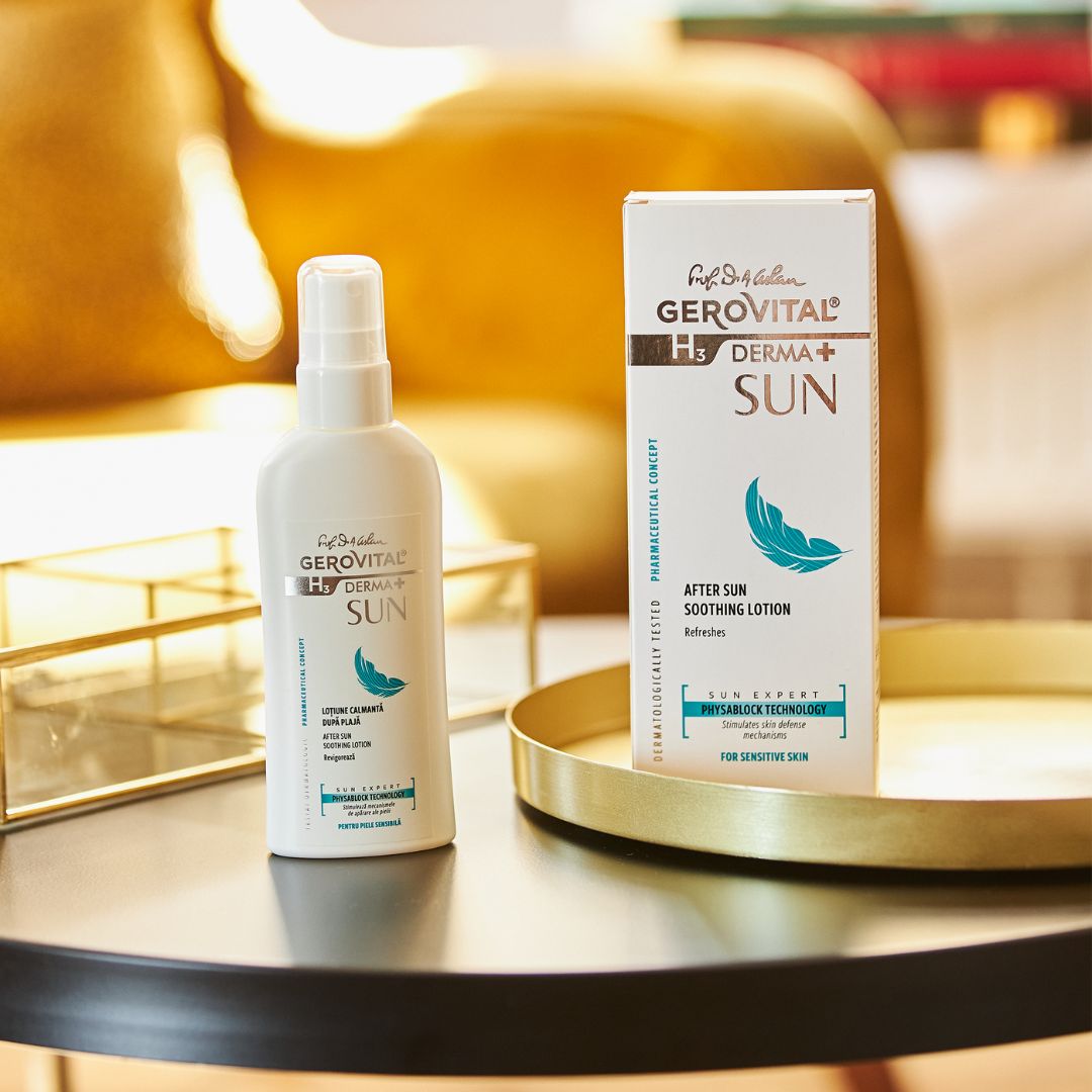 Flacone bianco e scatola. Scritta: Gerovital H3 Derma+ Sun. Testo: After Sun Soothing Lotion. Su vassoio dorato.