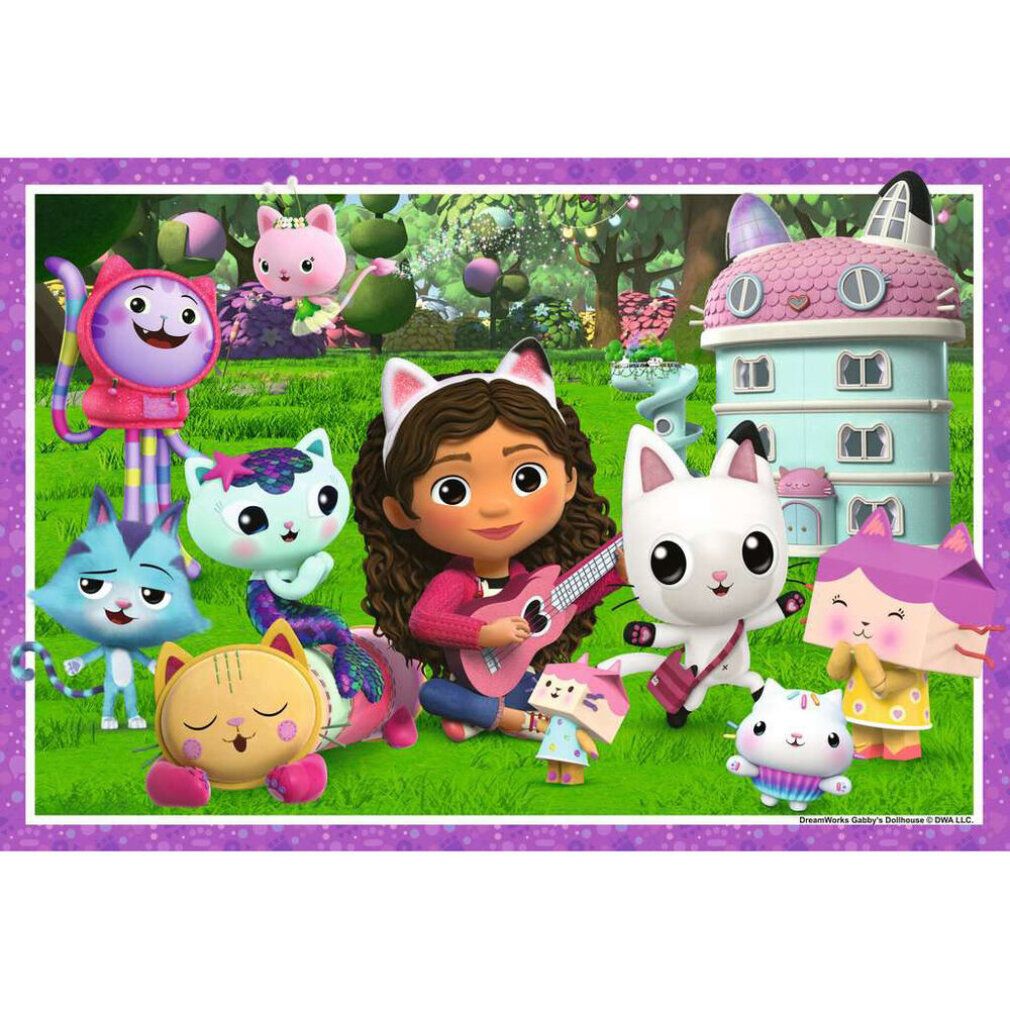 Puzzle con Gabby e personaggi gatto. Cornice viola, erba verde, casa del gatto sullo sfondo. Personaggi con orecchie.