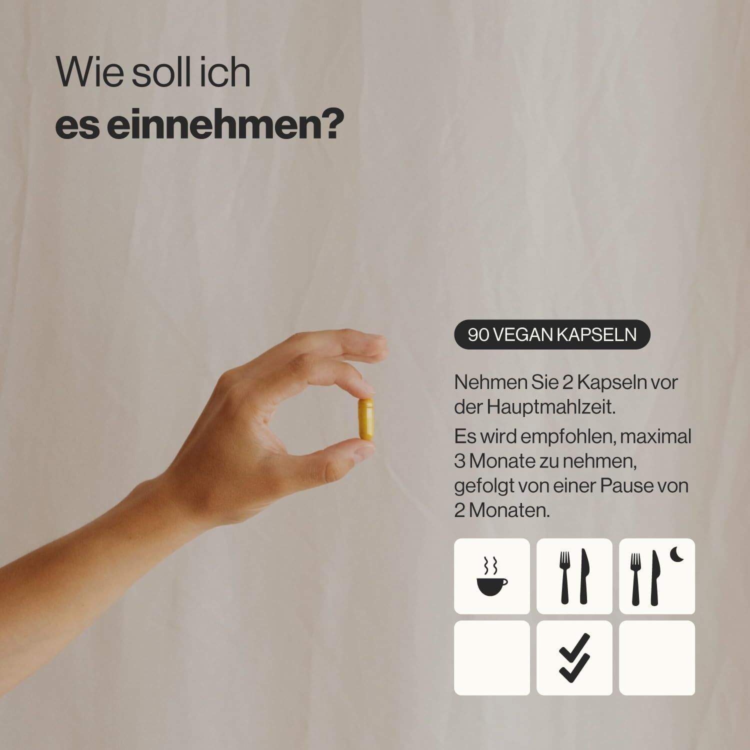 Mano che tiene una capsula gialla. Testo: 90 capsule vegane. Assumere 2 capsule prima del pasto.