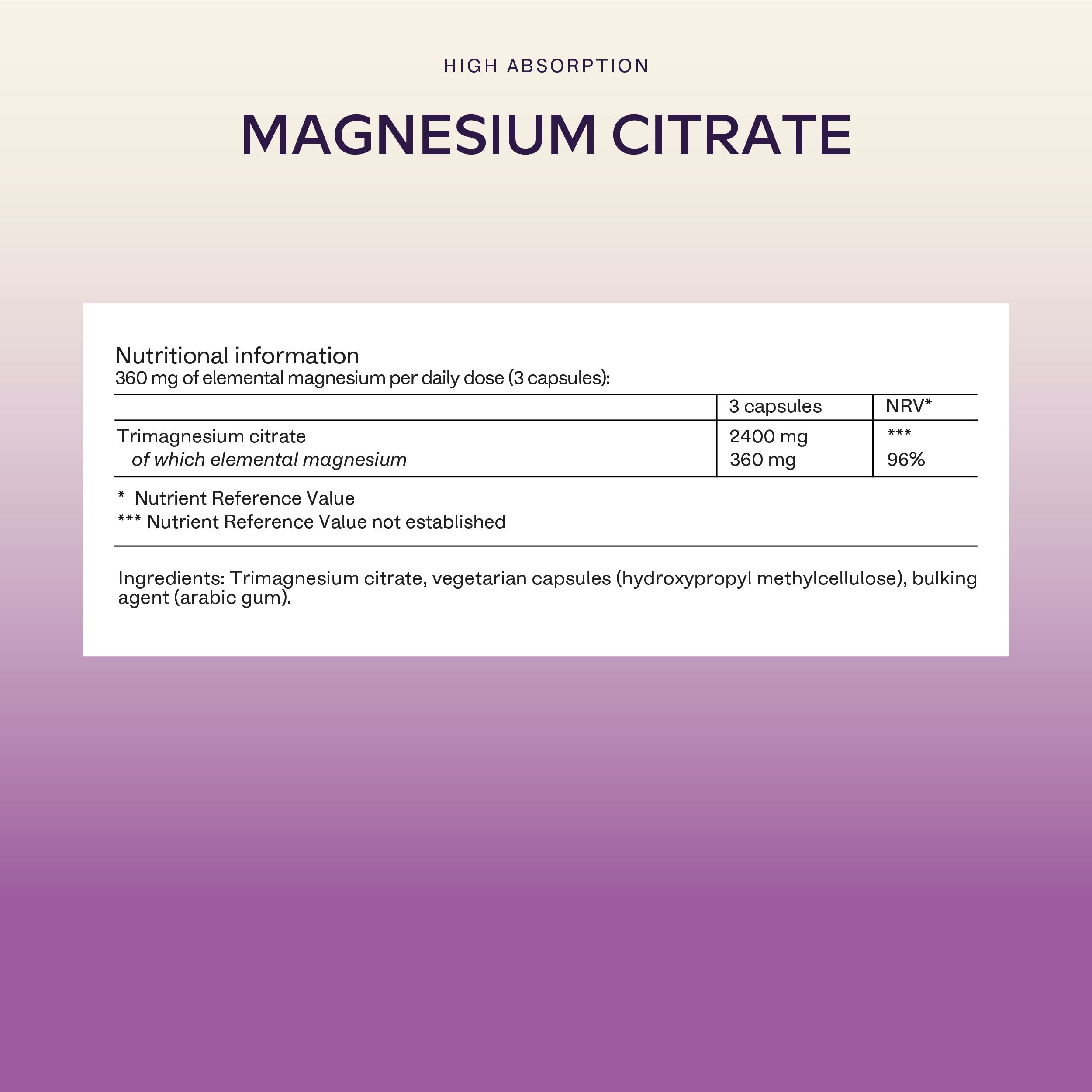 Tabella nutrizionale con informazioni sul citrato di magnesio. Contiene informazioni sul dosaggio e sugli ingredienti.