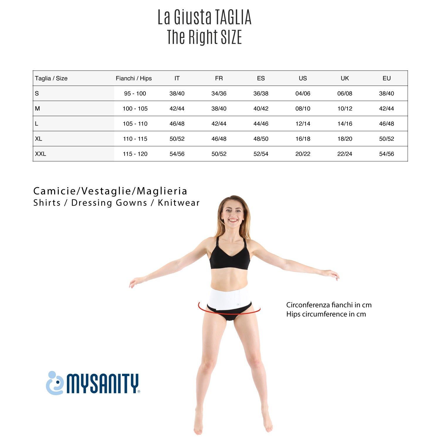 Tabella taglie per camicie da allattamento. Testo: La Giusta Taglia/The Right SIZE. Marchio: MYSANITY.