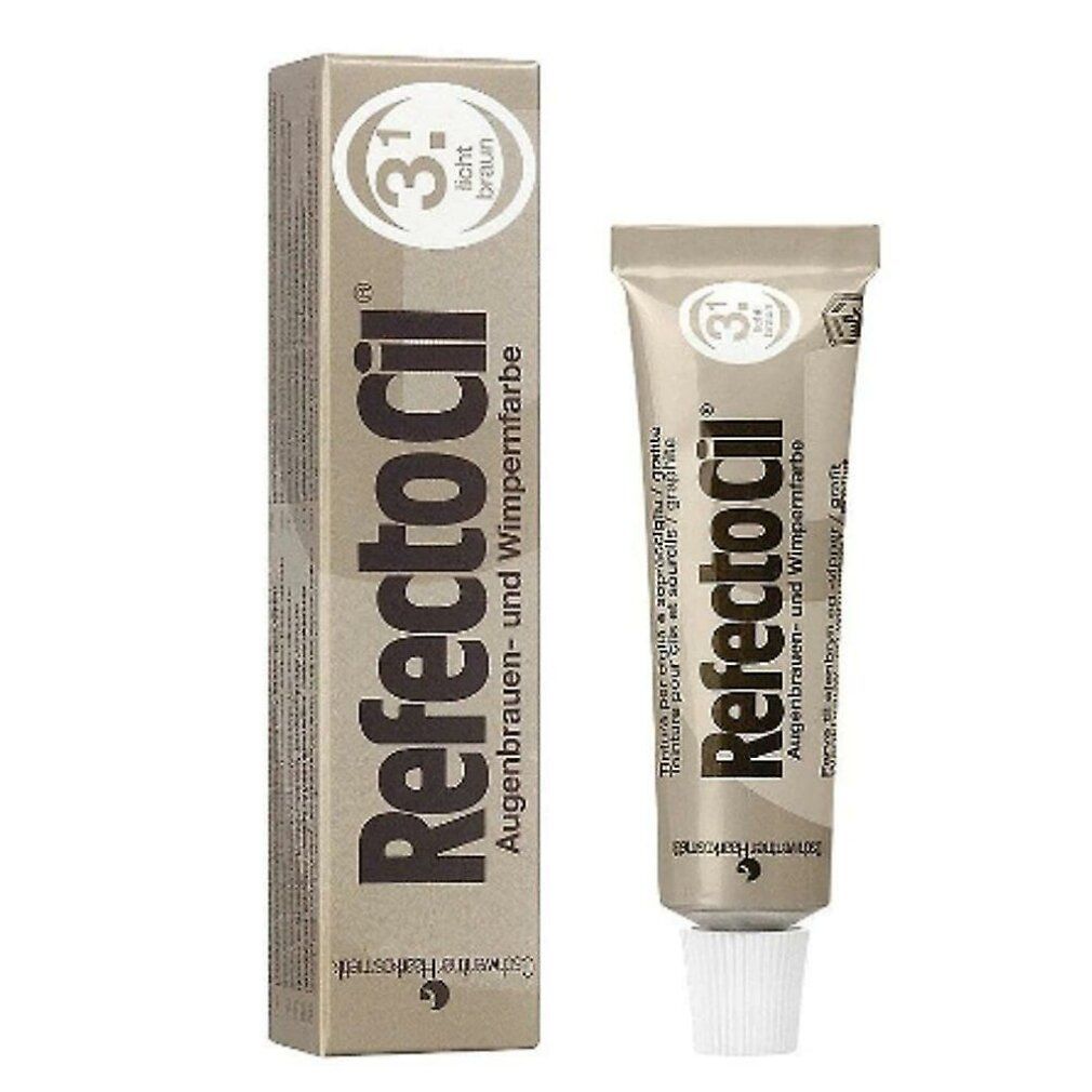 Refectocil 3.1 marrone chiaro, tinta per ciglia e sopracciglia. Tubo e confezione. Scritta marrone su sfondo beige.