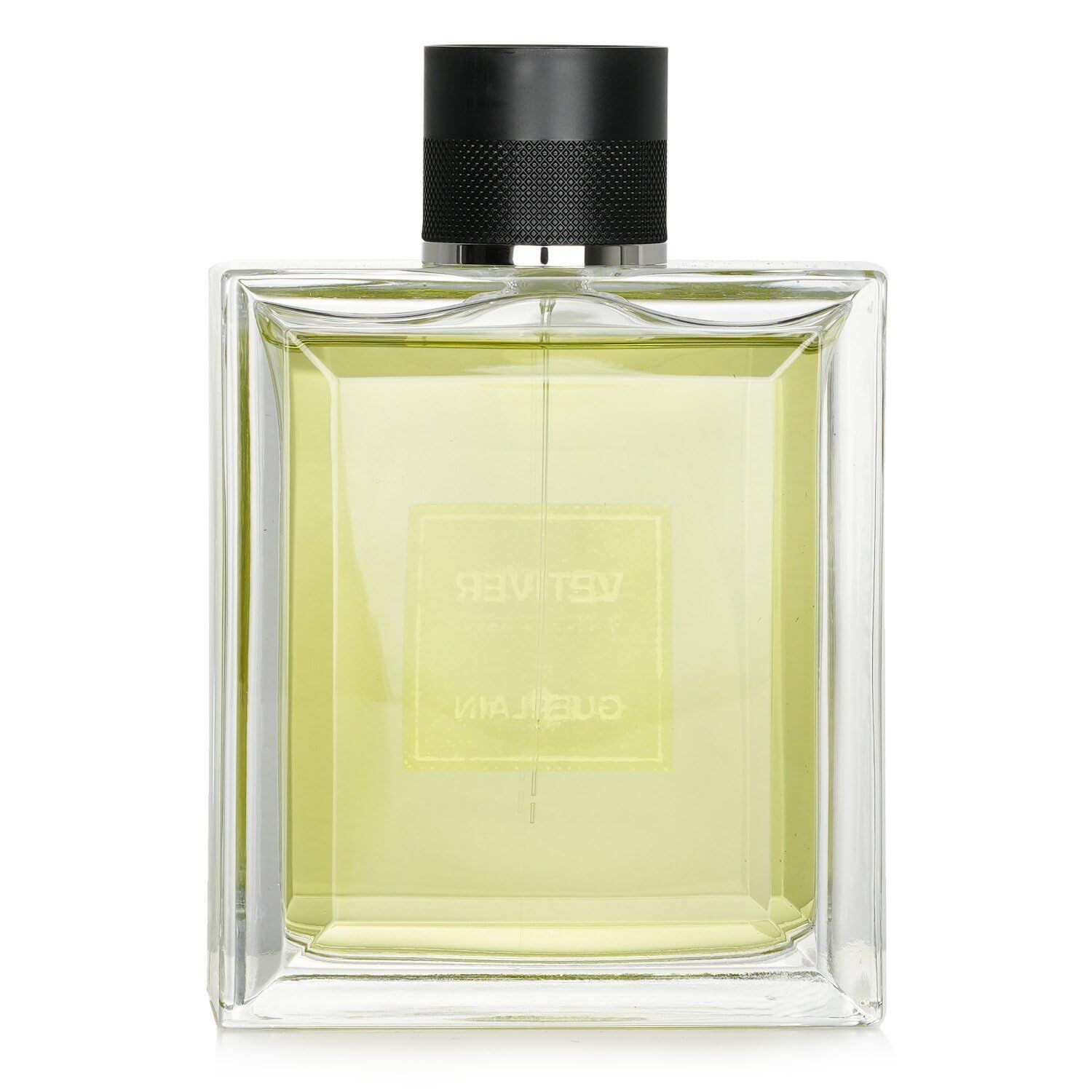 Flacone quadrato in vetro con tappo nero. Etichetta con testo: VETIVER, Eau de Toilette, de Guerlain, Paris.
