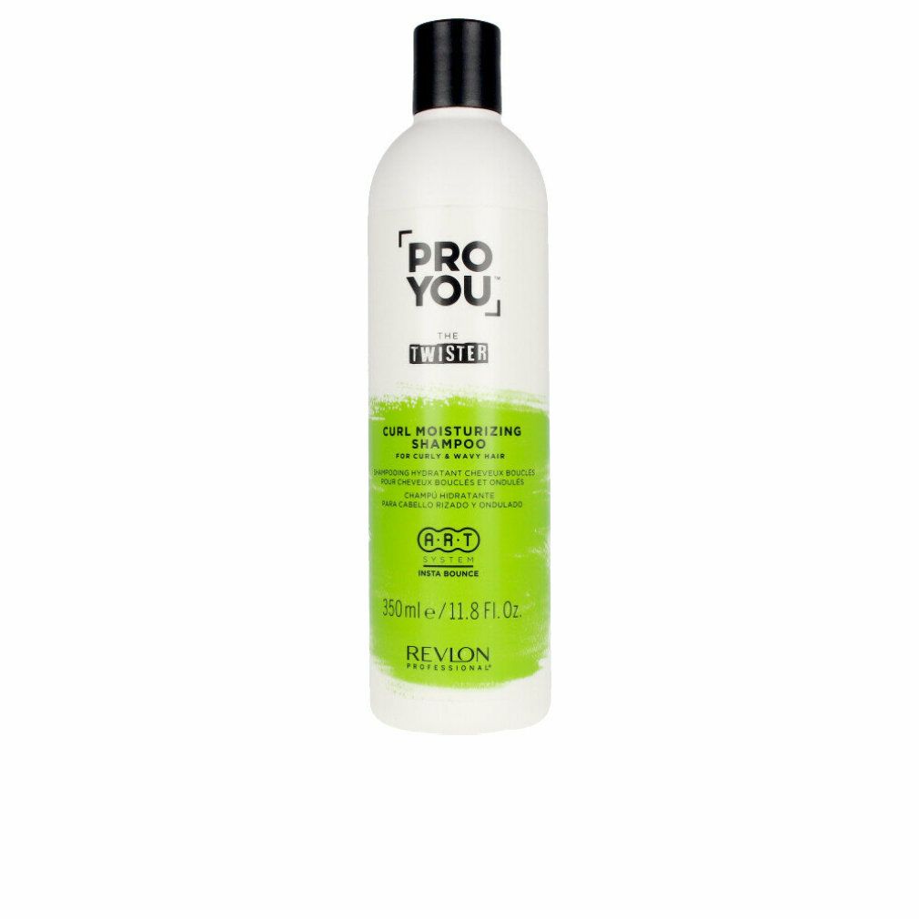 Flacone bianco con tappo nero. Scritta PRO YOU THE TWISTER. Etichetta verde e bianca con testo. Revlon Professional.