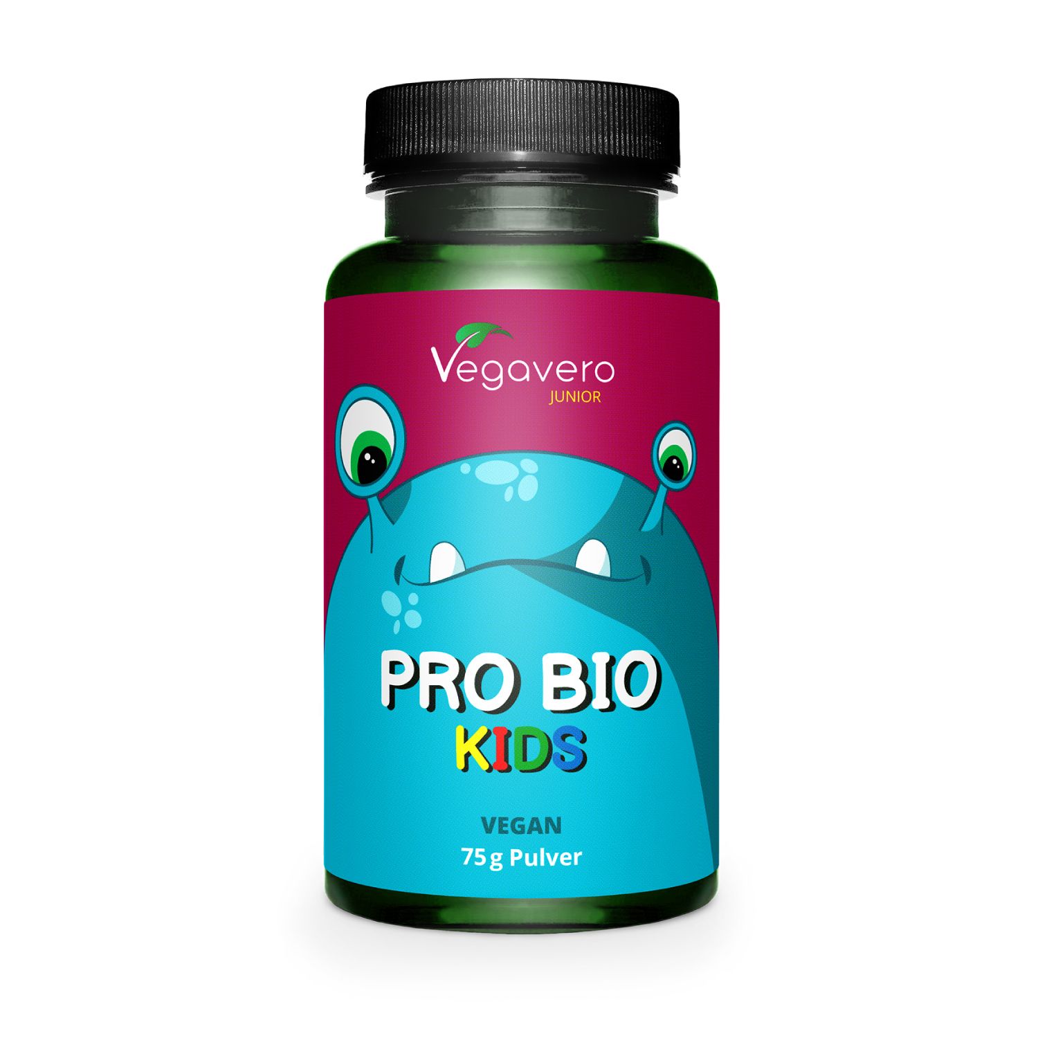 Barattolo di Vegavaro Pro Bio Kids, 75g di polvere, con design mostruoso. Scritta: PRO BIO KIDS, Vegan.