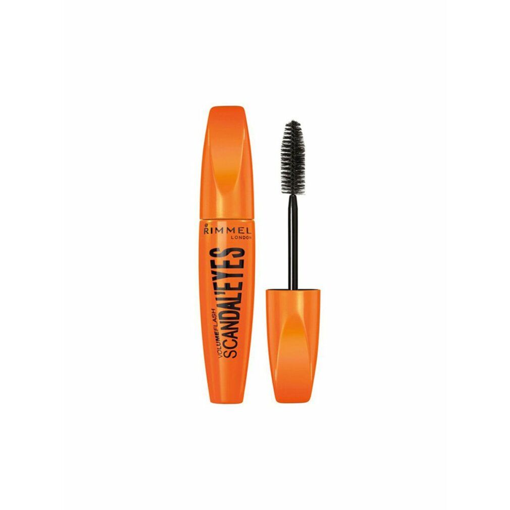 Tubo mascara arancione con applicatore nero e scritta "RIMMEL SCANDALEYES".