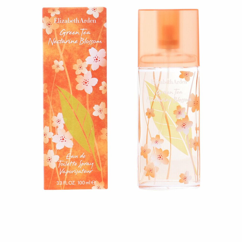 Flacone e confezione. Flacone rettangolare, tappo arancione. Confezione arancione con motivi floreali. Testo: Green Tea Nectarine Blossom.