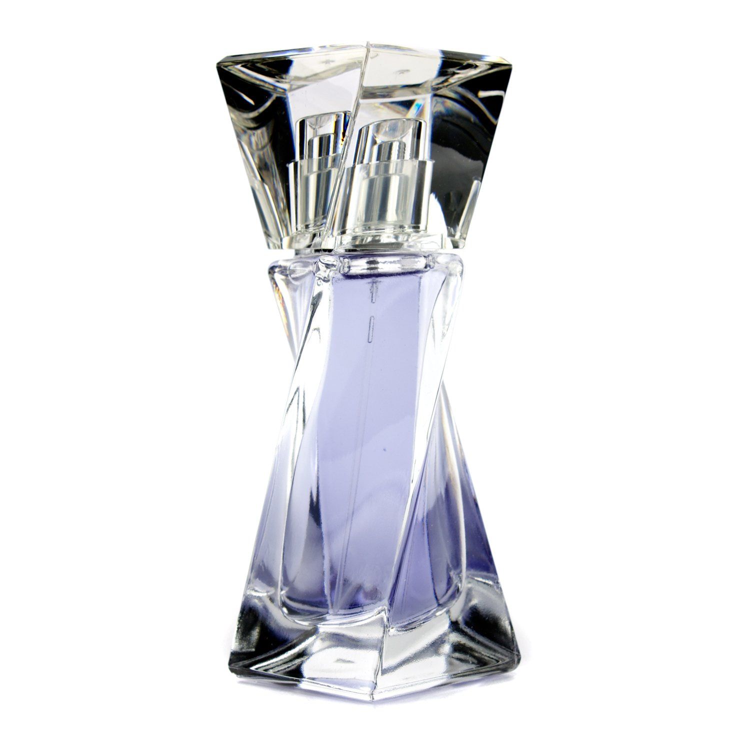 Flacone di profumo in vetro trasparente e sfaccettato. Il flacone ha una forma a spirale e un tappo trasparente. Il contenuto è viola chiaro.