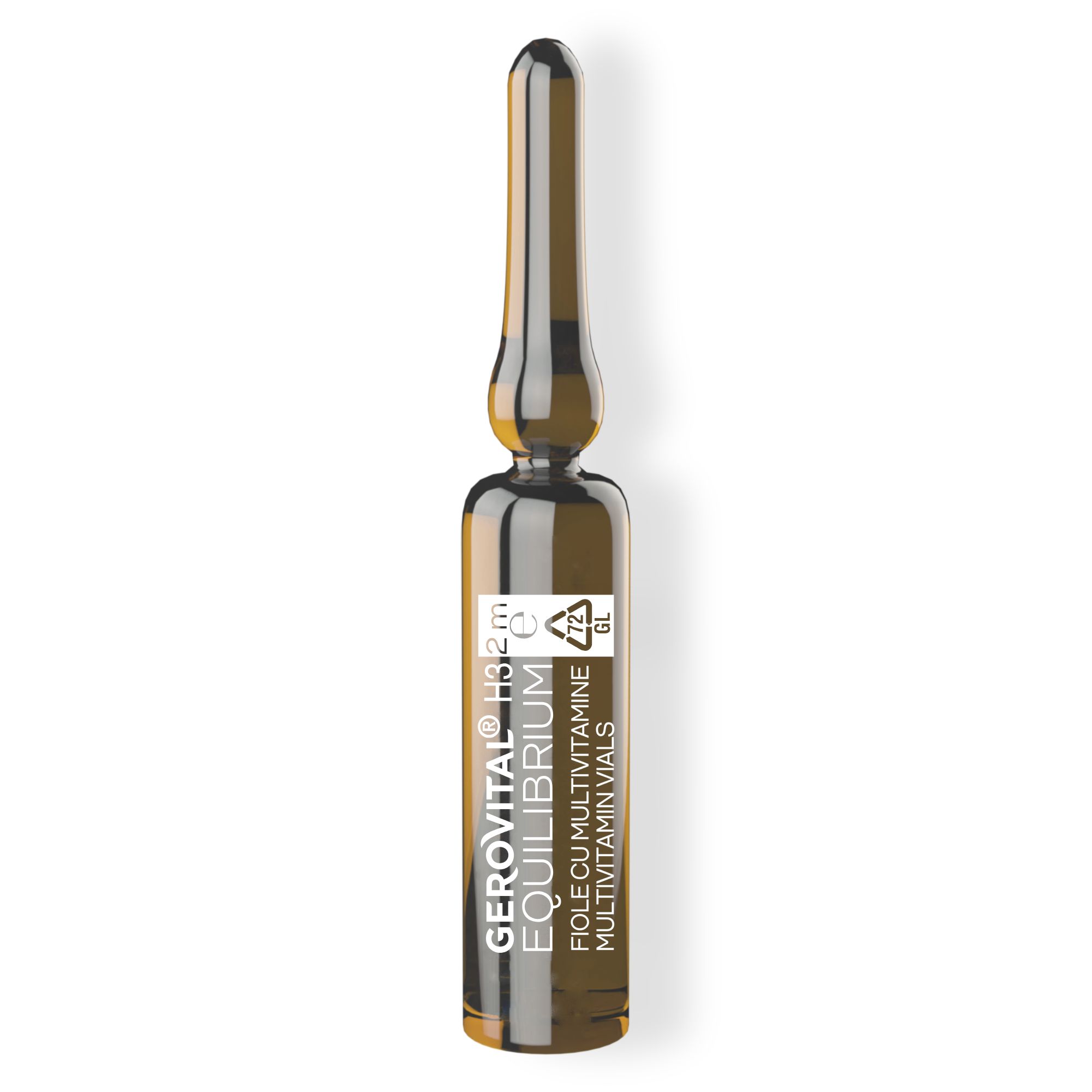 Singola fiala di Gerovital Fiale multivitaminiche. Fiala in vetro marrone con scritta. Contiene liquido.