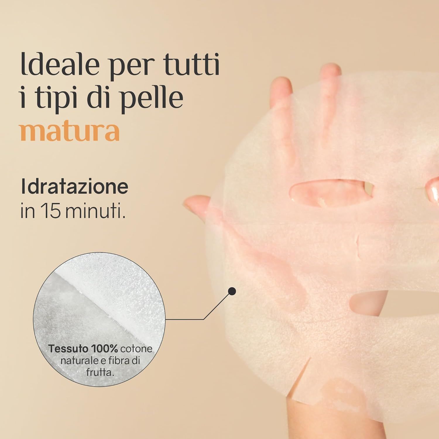 Maschera per il viso su una mano. Testo: Ideale per tutti i tipi di pelle. Testo: Idratazione in 15 minuti. Tessuto in cotone e fibra di frutta.